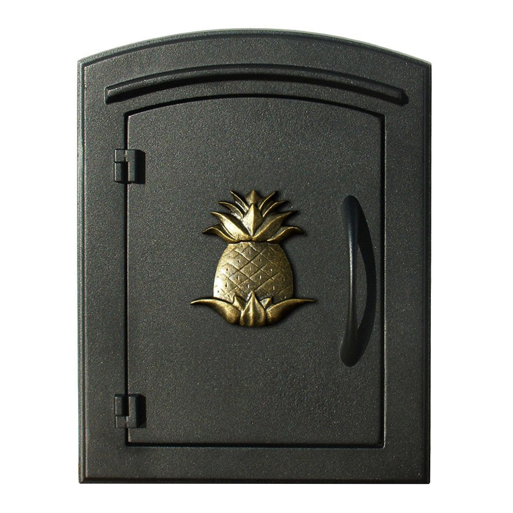 Manchester Security Drop Chute Mailbox with Decorative Pineapple Logo Faceplate in Black