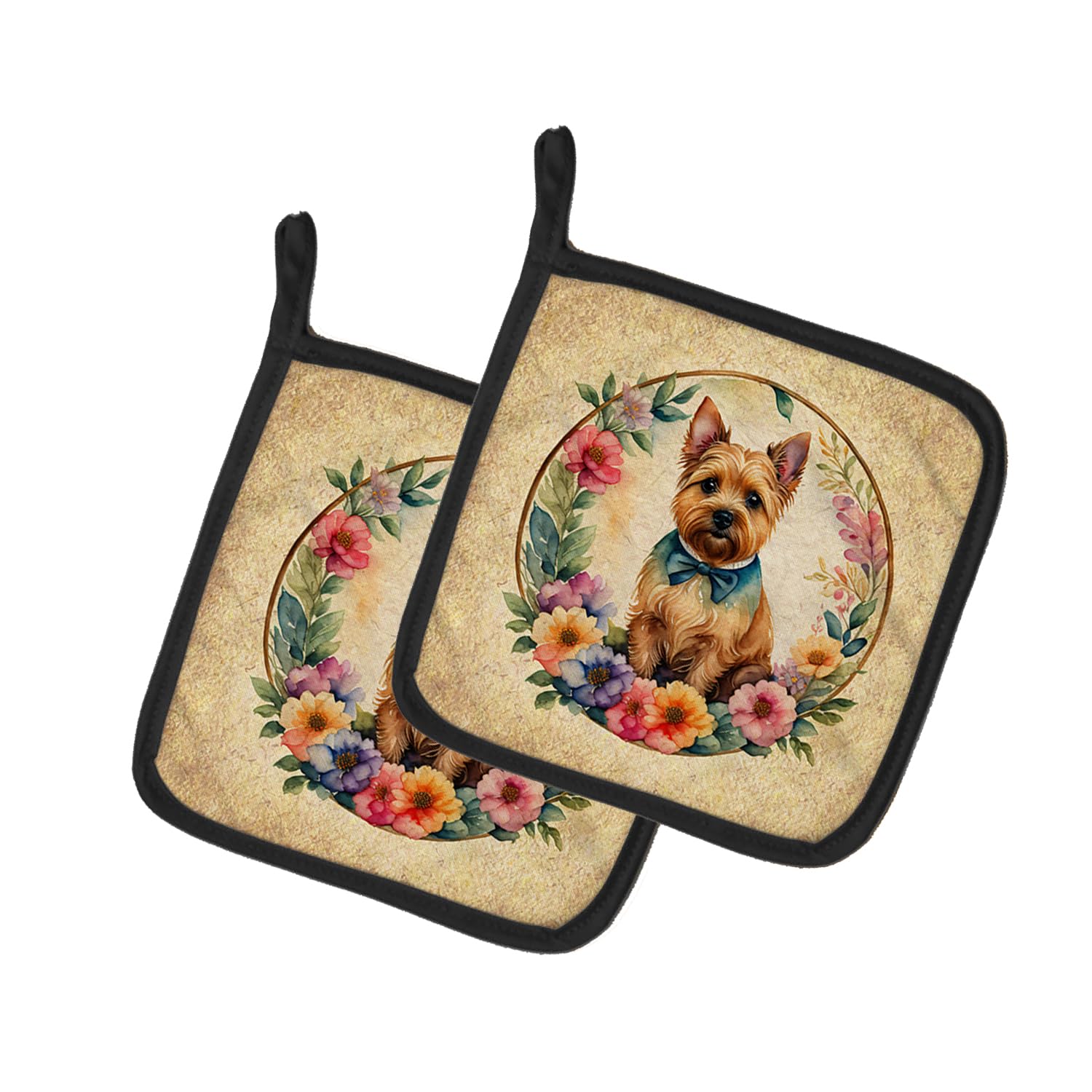 Norwich Terrier and Flowers Pair of Pot Holders
