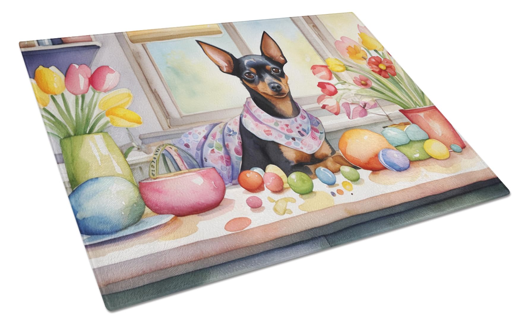 Carolines Treasures DAC6855LCB Decorating Easter Miniature Pinscher Glass Cutting Board Decorative Tempered Glass Kitchen Cutting and Serving Board Large Size Chopping Board
