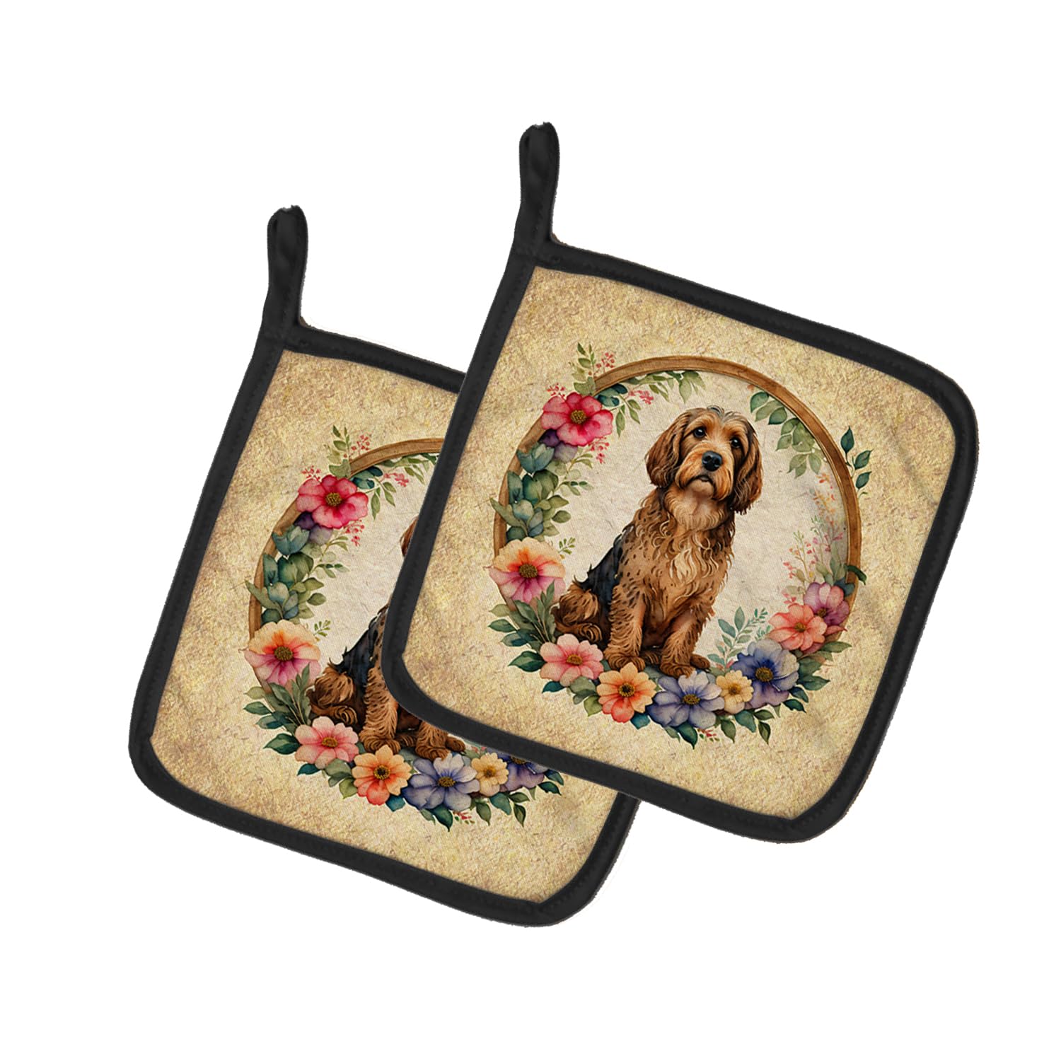 Otterhound and Flowers Pair of Pot Holders