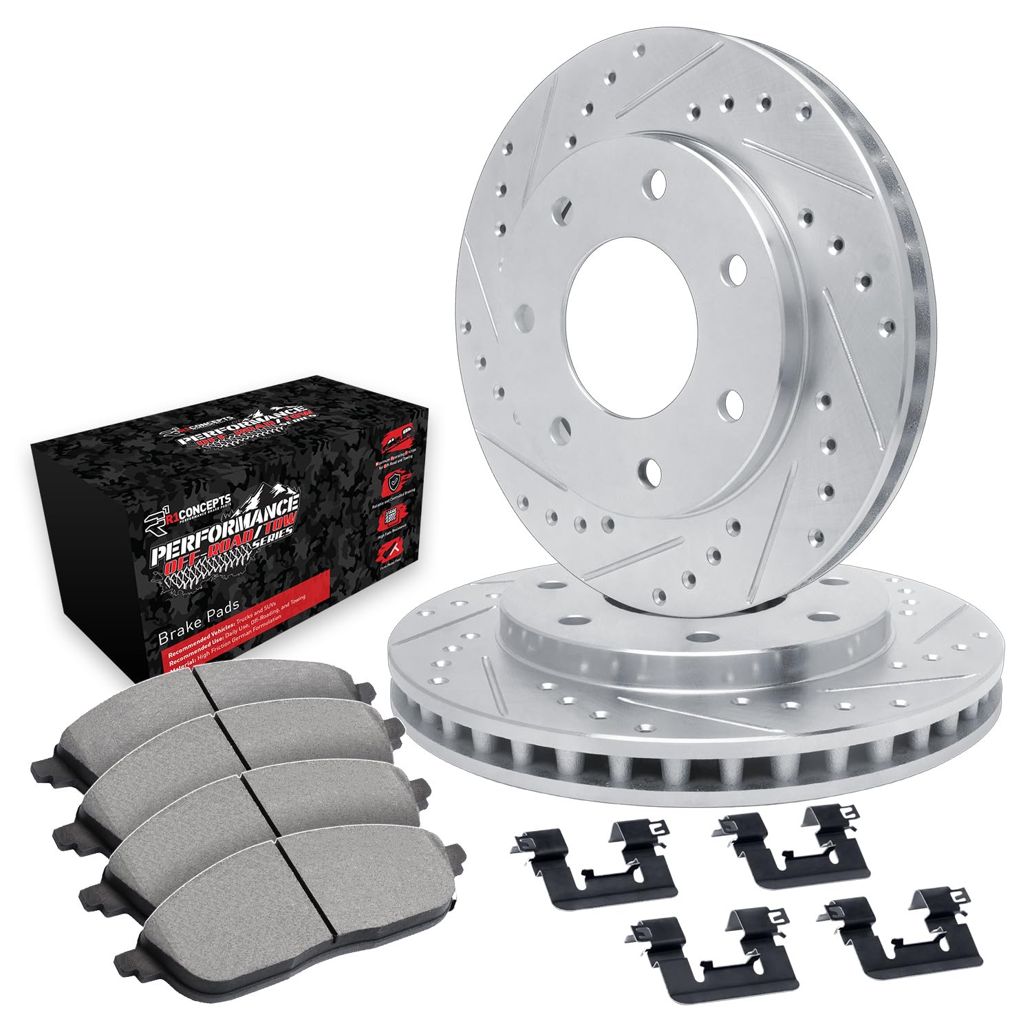 R1 Concepts Drilled and Slotted Silver Disc Brake Rotor Set with Off-Road/Tow Brake Pads and Hardware WGVH1-54036