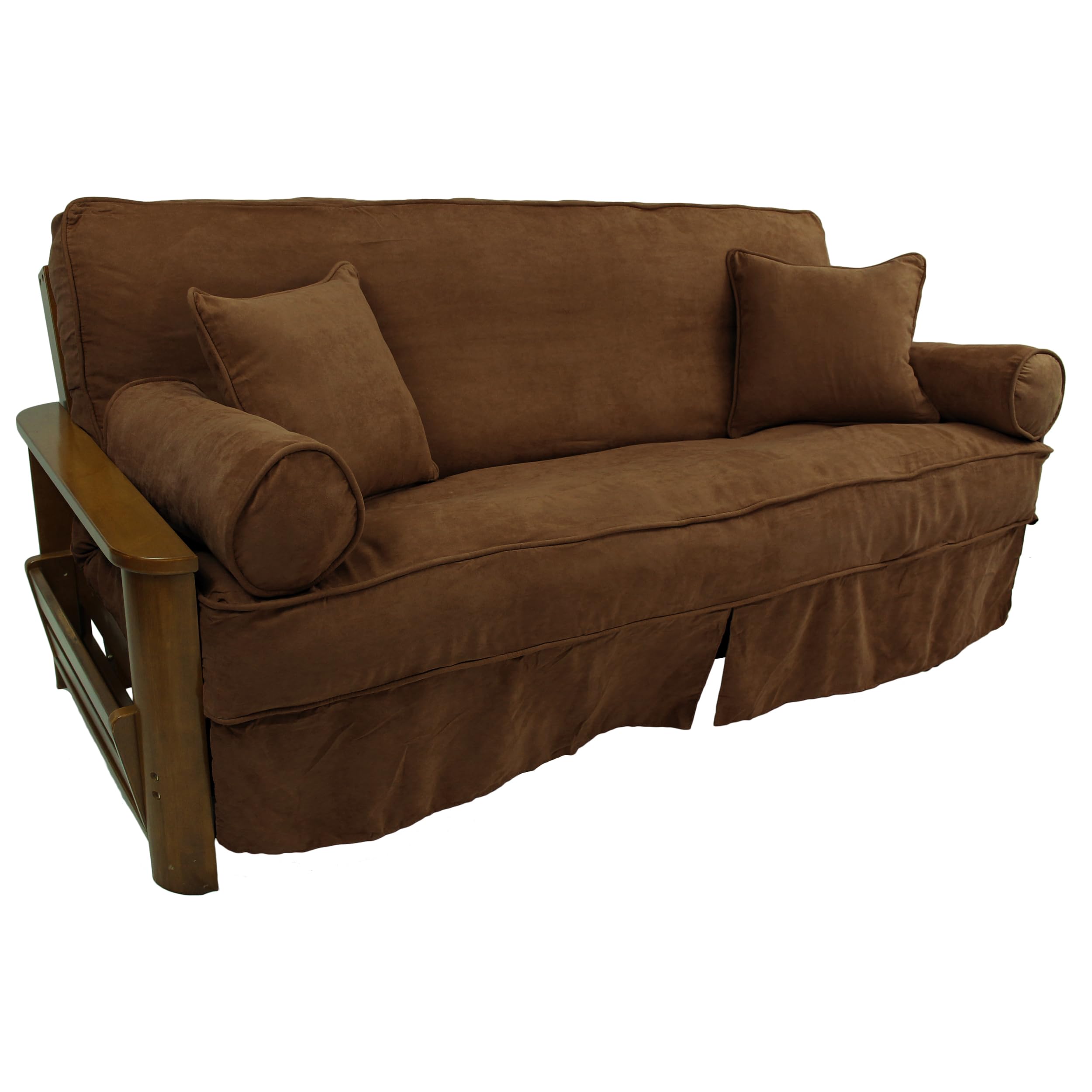Solid Microsuede Double Corded 8 to 9-inch Full Futon Slipcover Set with Four Throw Pillows (Set of 5) - Saddle Brown