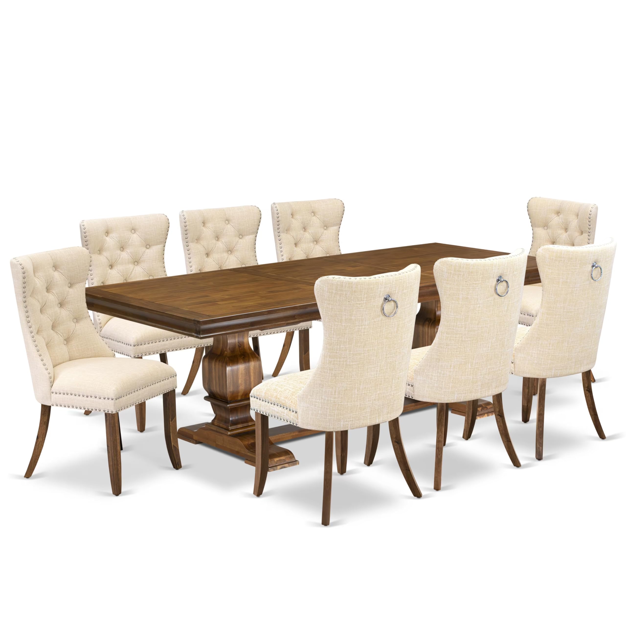 9 Pieces Dining Table Set a Rectangle Table and 8 Linen fabric Dining Chairs