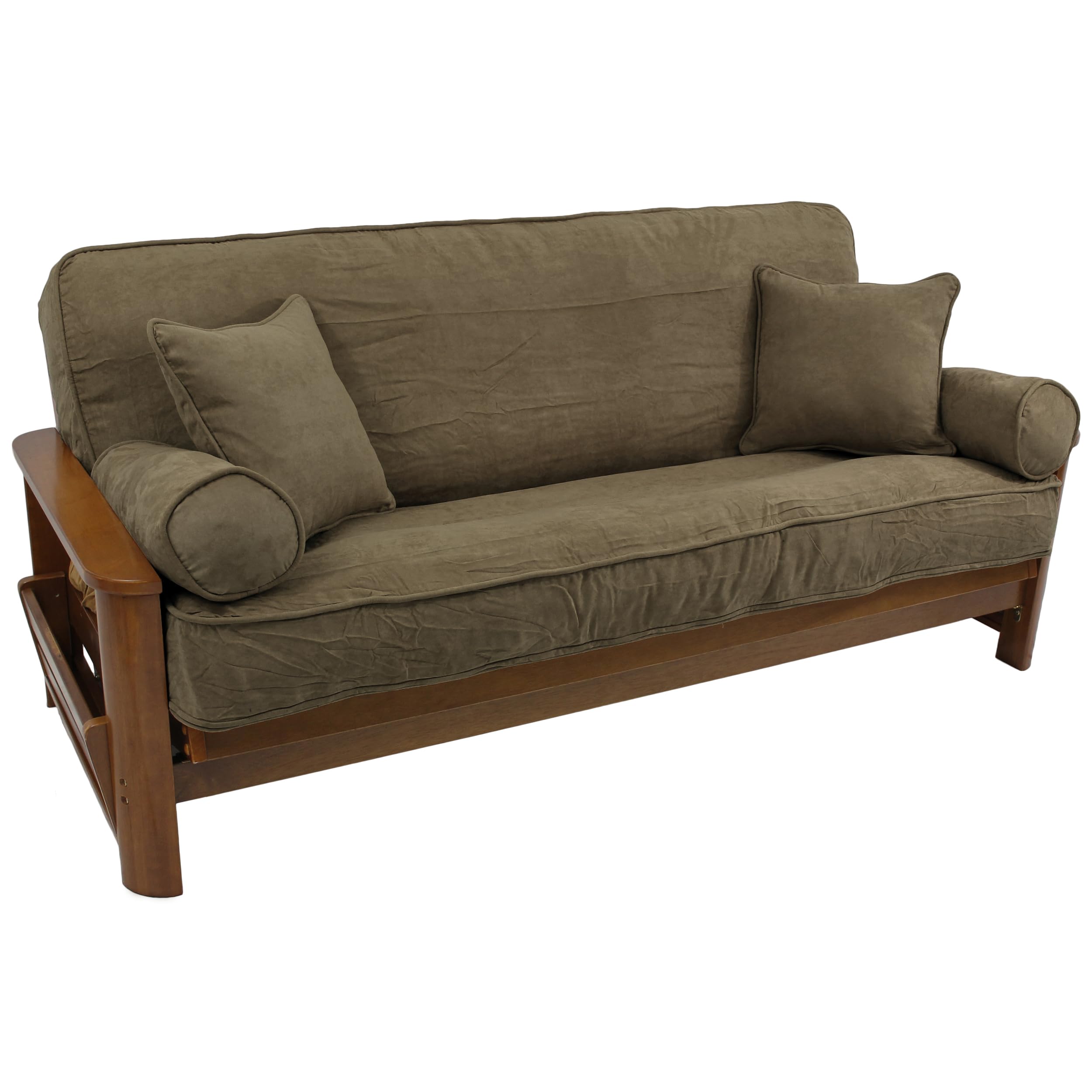 Solid Microsuede Double Corded 8 to 9-inch Full Futon Cover Set with Four Throw Pillows (Set of 5) - Java
