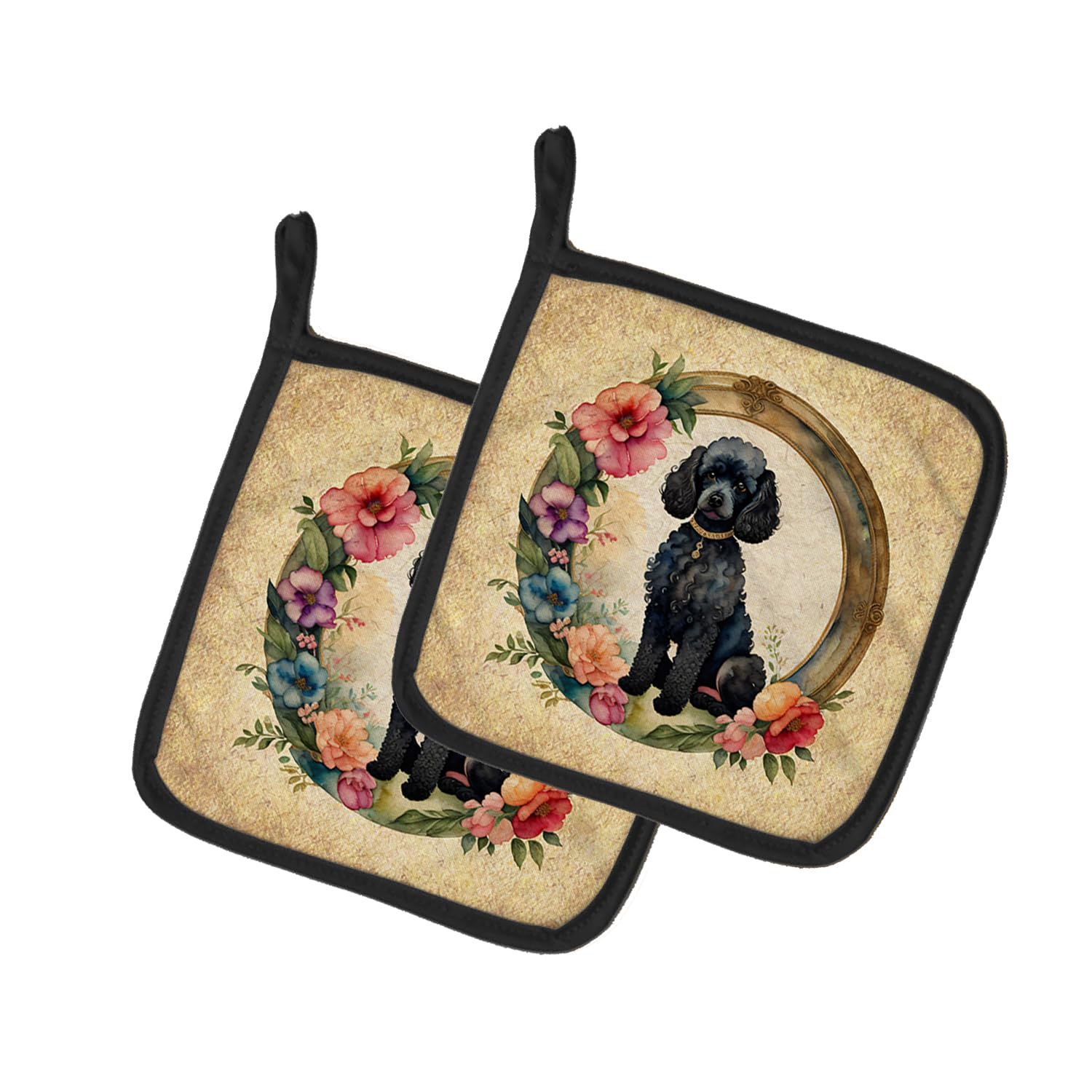Black Poodle and Flowers Pair of Pot Holders