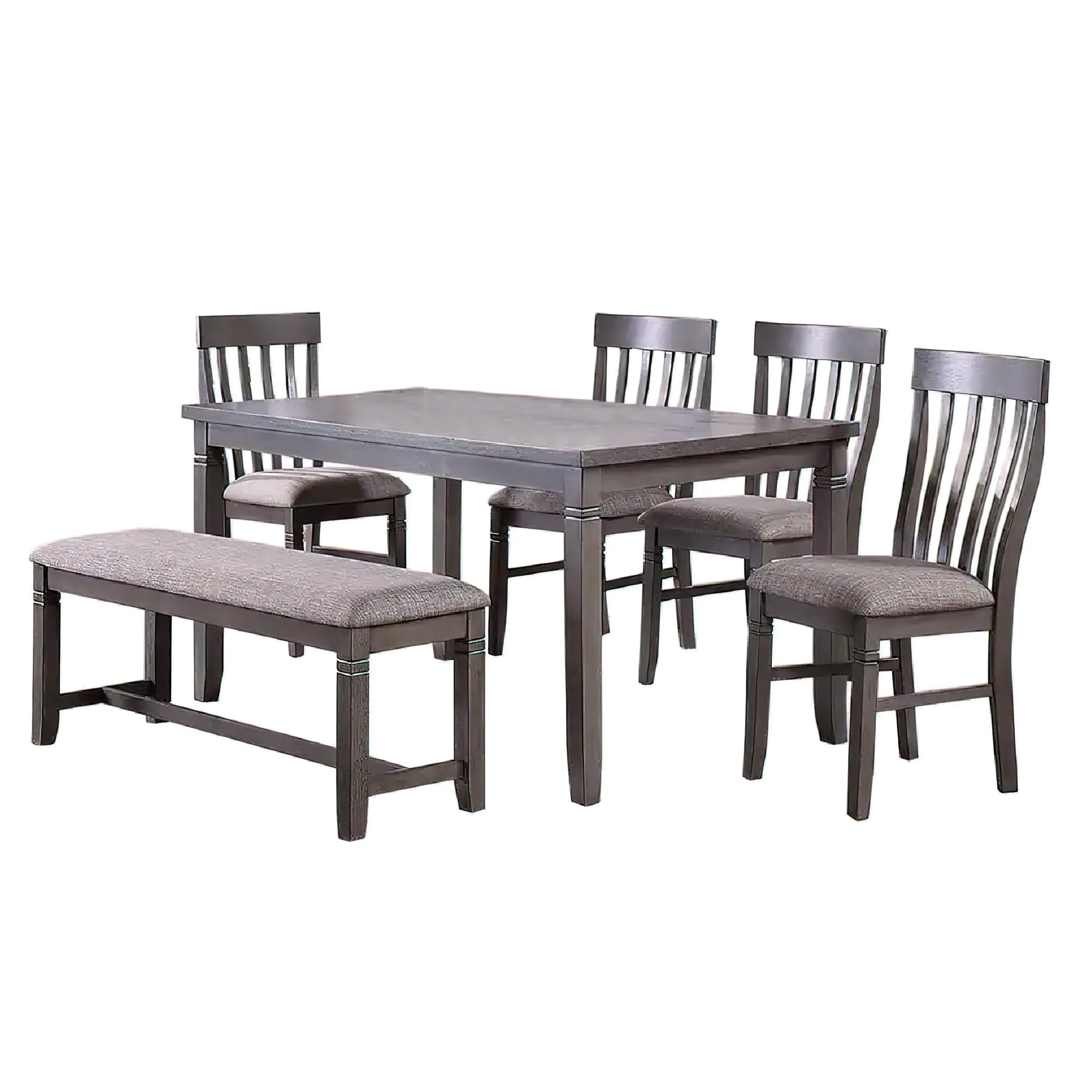 6 Piece Dining Set with Table, 4 Chairs and Bench, Wood Frame, Gray Fabric