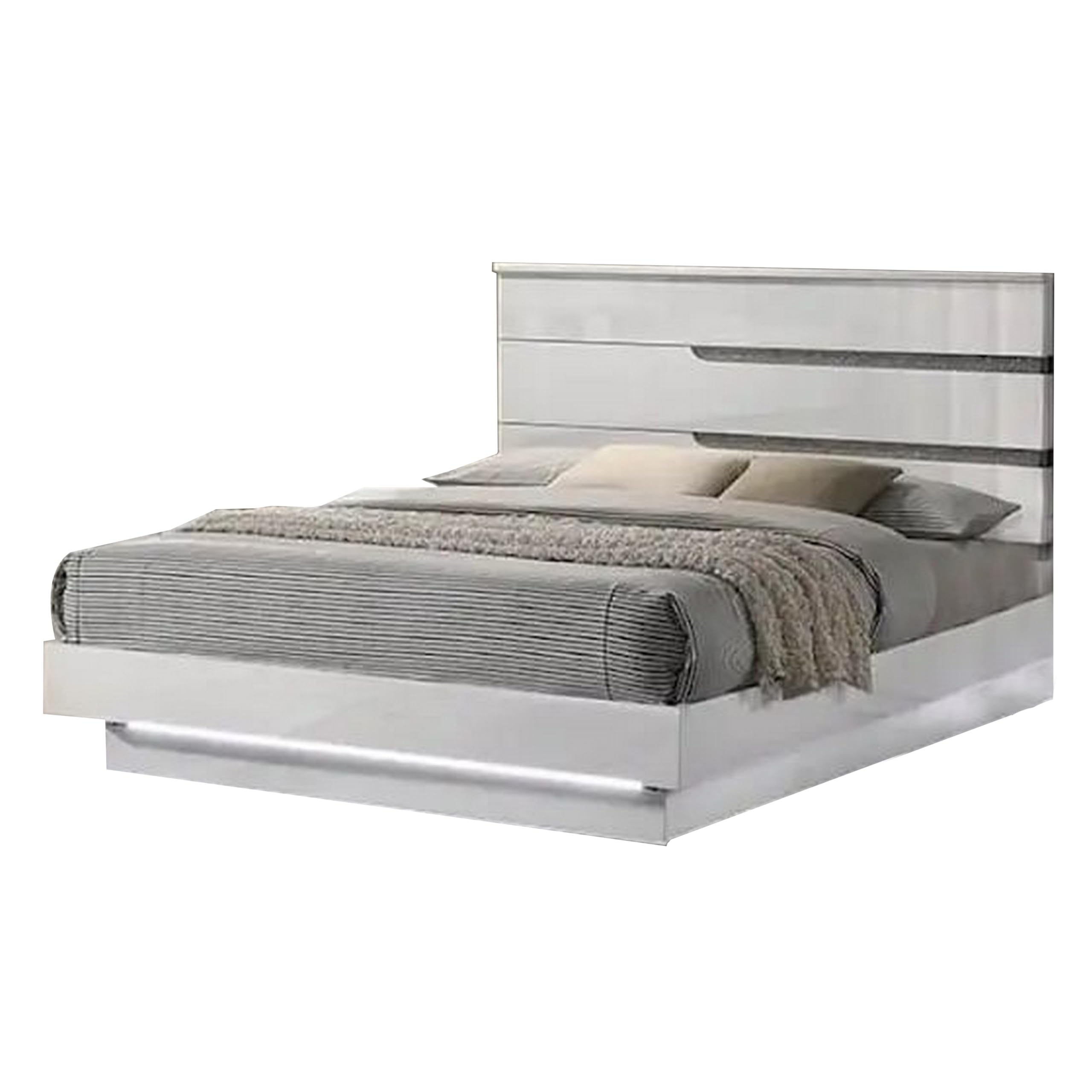 Peis King Size Bed, LED, Crystal Accents, Modern Design, Glossy White