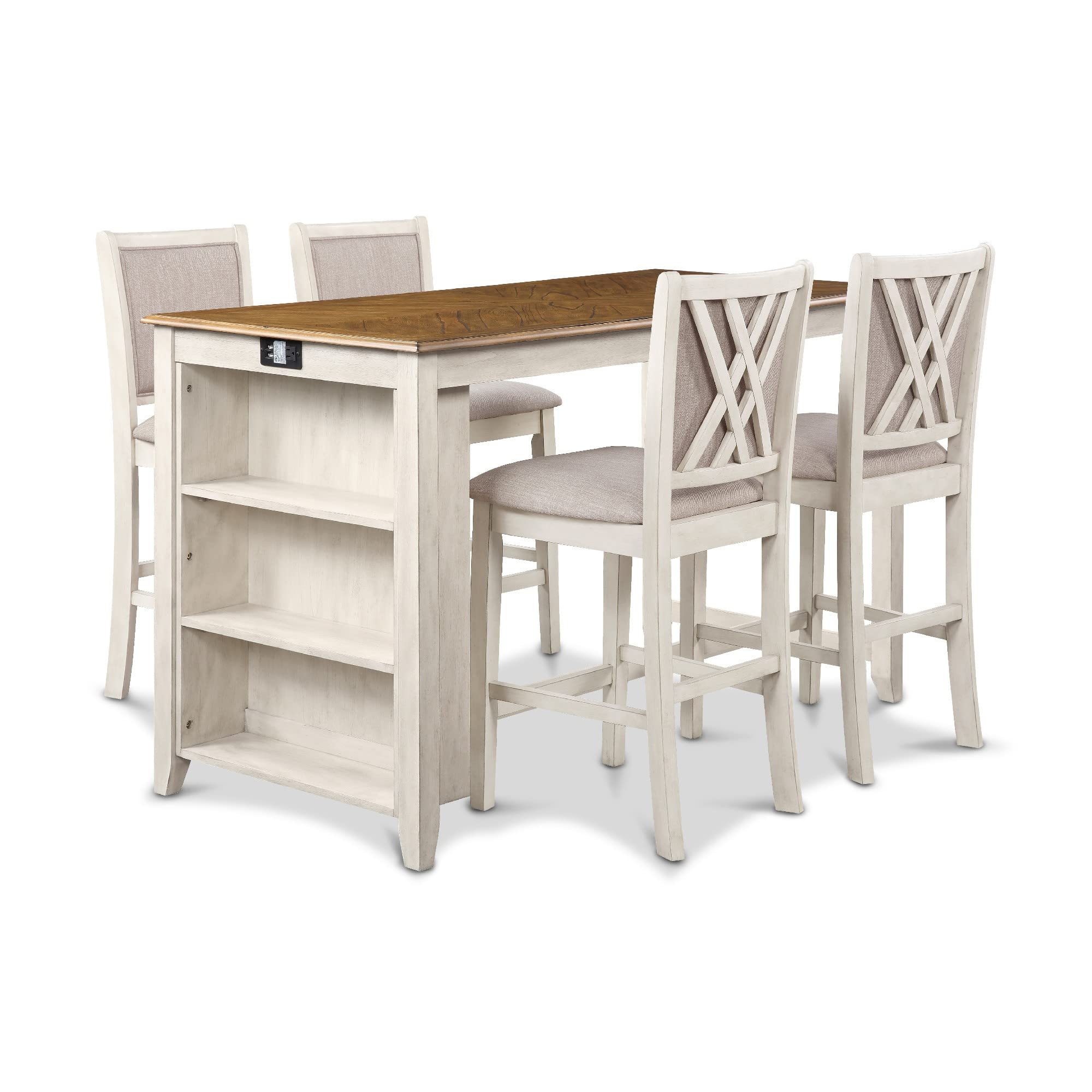 Han 60 Inch 5 Piece Counter Table Set with USB Ports, White and Brown