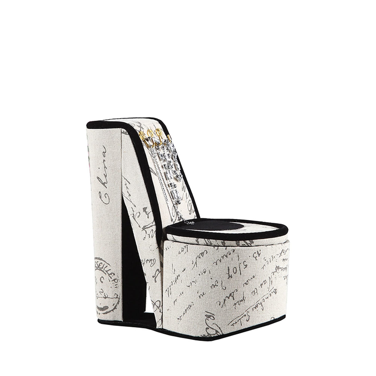 Benjara Decorative High Heel Script Shoe Jewelry Box With 3 Hooks, Beige And Black