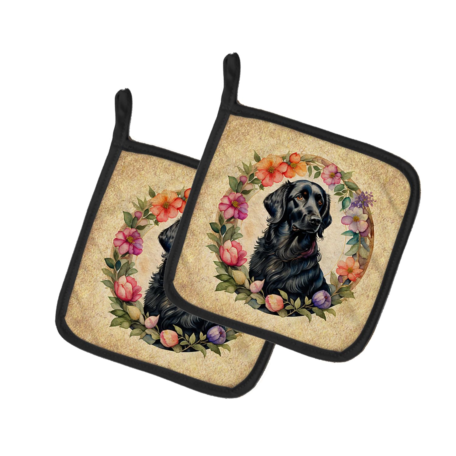 Flat-Coated Retriever and Flowers Pair of Pot Holders