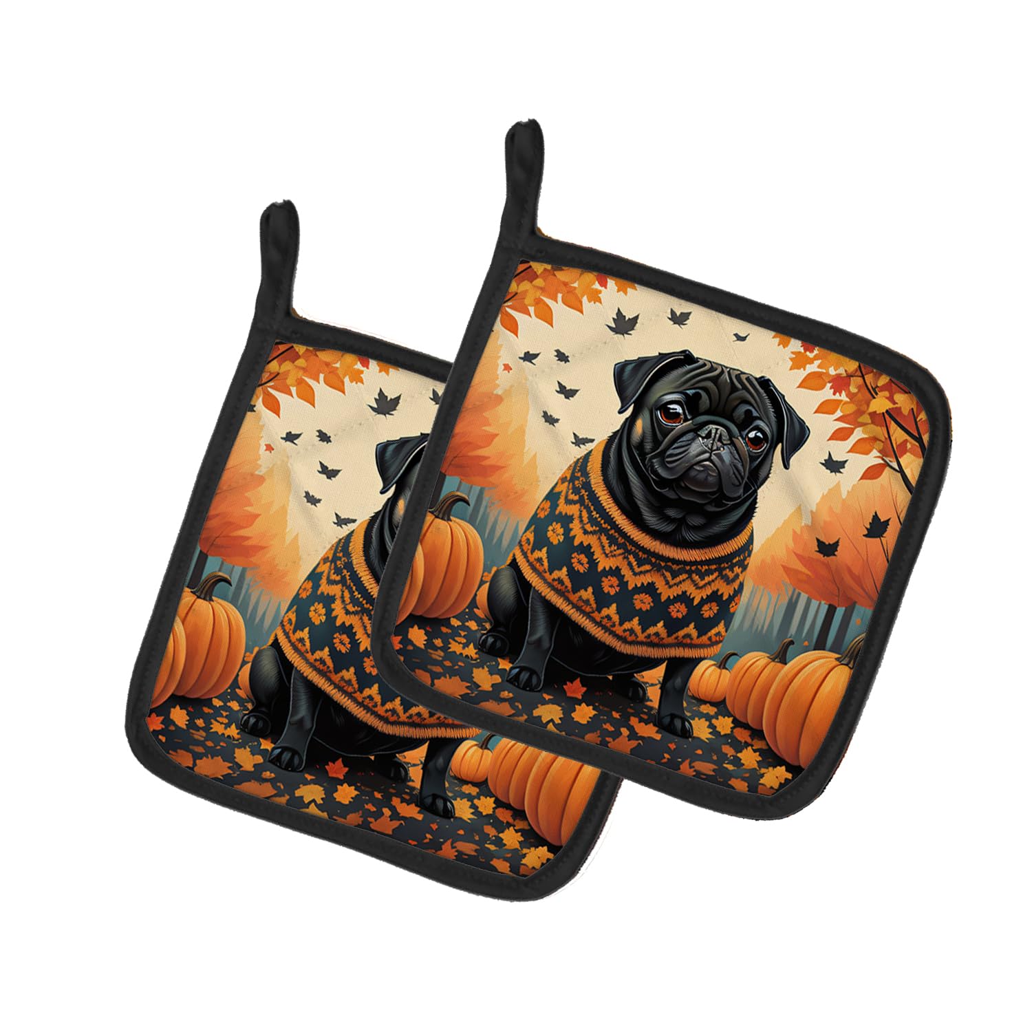 Black Pug Fall Pair of Pot Holders