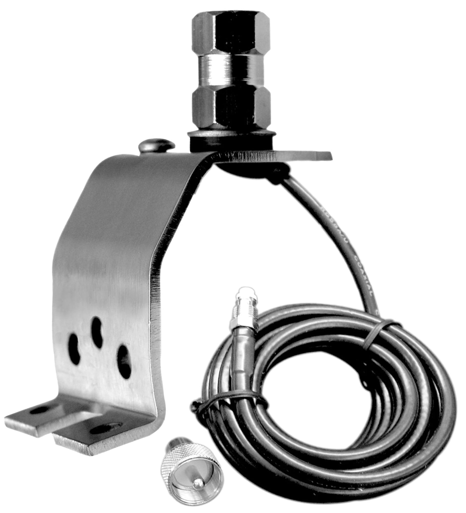 ACCESSORIES UNLIMITED - LOW PROFILE FENDER OR GROOVE MOUNT BRACKET WITH 18 RG58AU WATER RESISTANT COAX CABLE & QUICK ON PL259 CONNECTOR