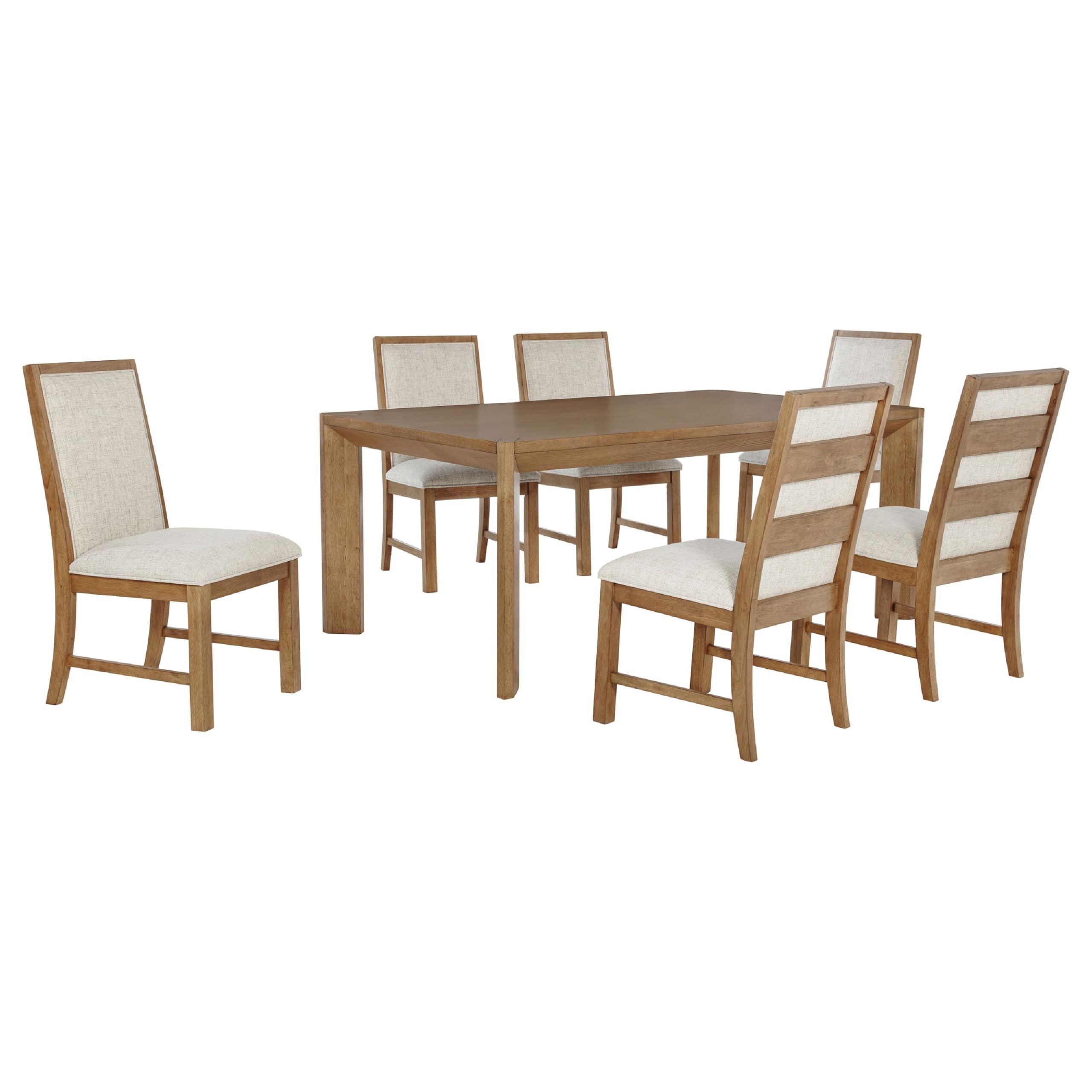 Rune 7pc Dining Table Set, Natural Brown Veneer, 6 Oatmeal Gray Chairs