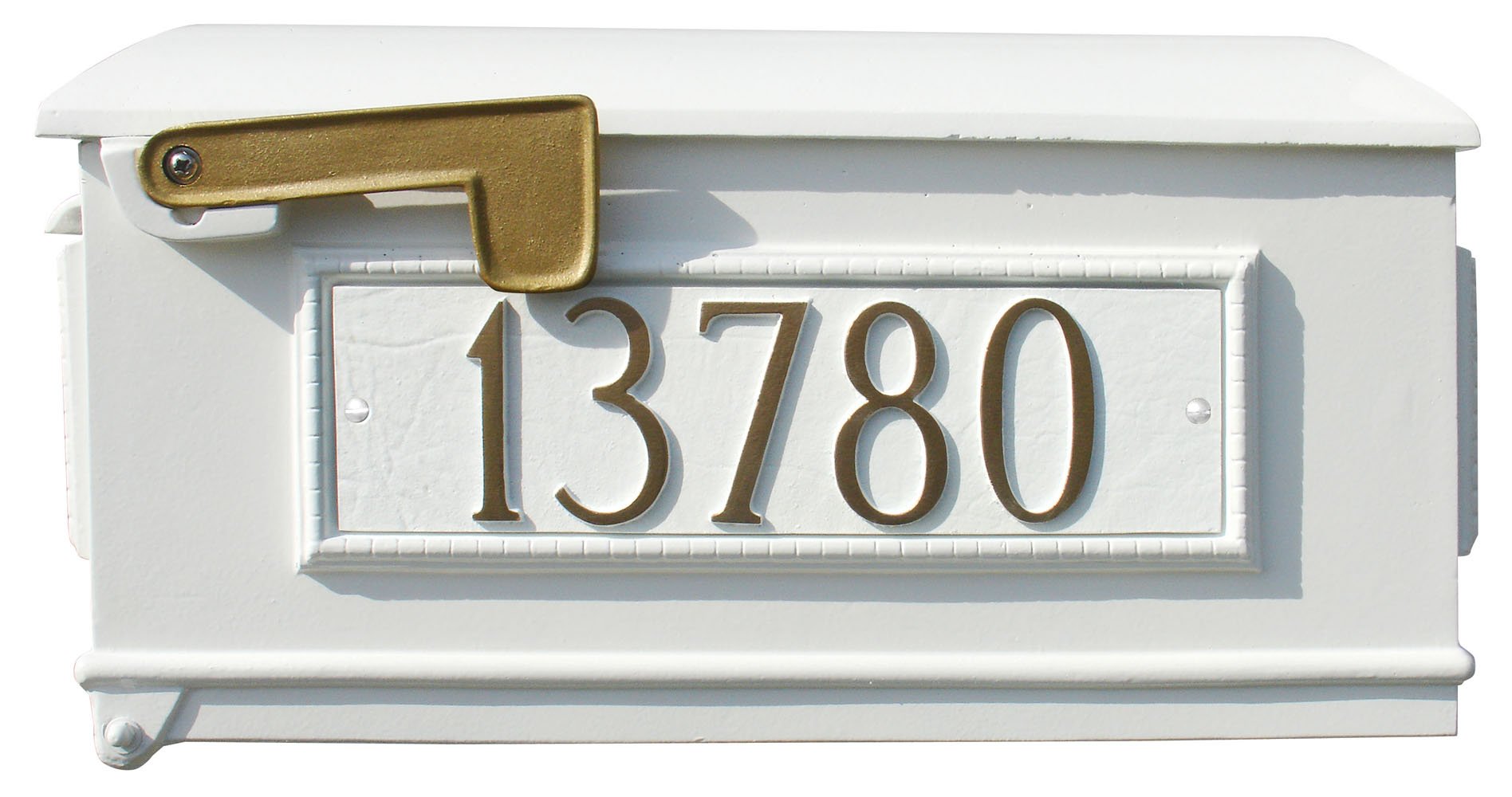 Lewiston Mailbox post system with Bayview Solar Lamp, 3 cast aluminum personalized address plates and decorative fluted base