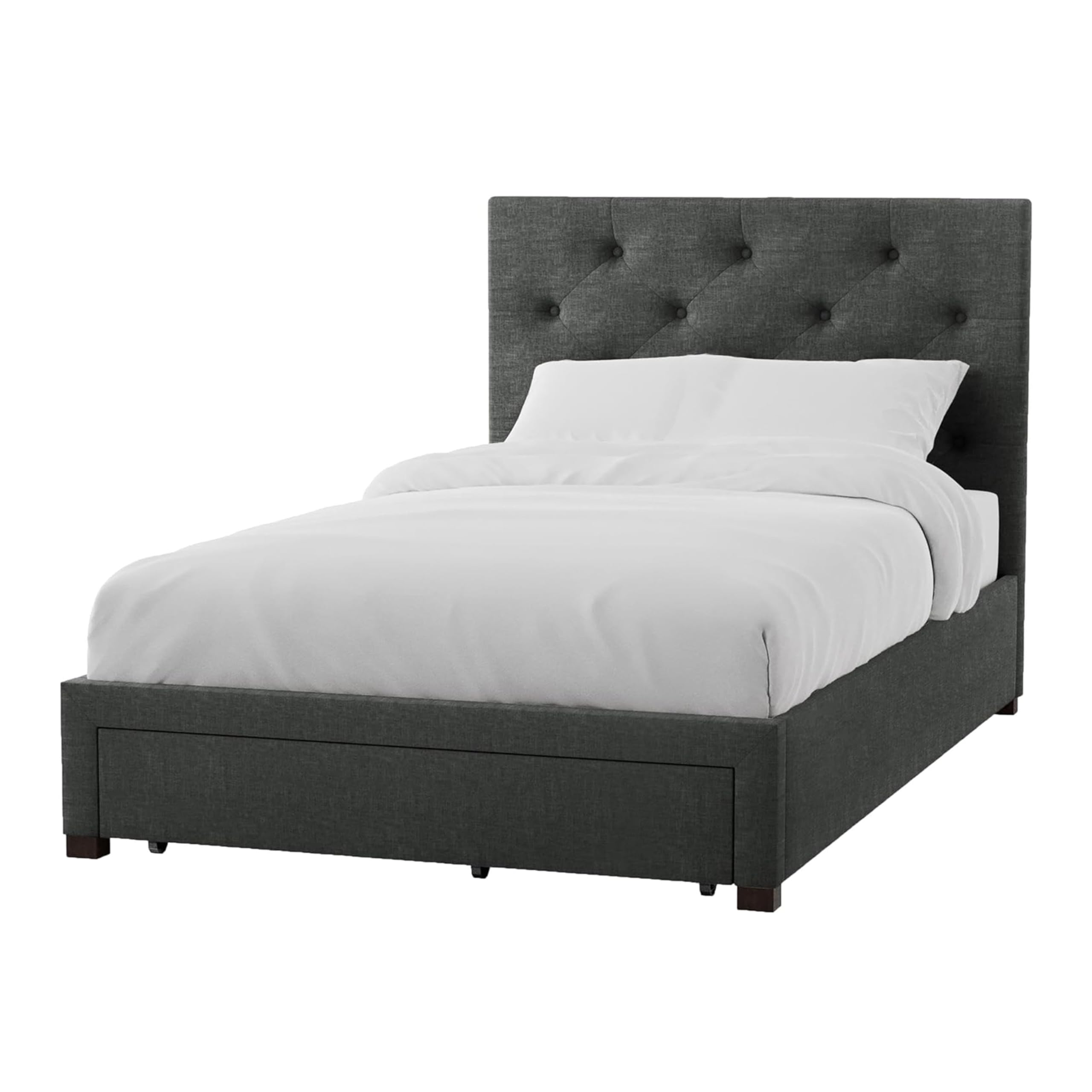 Sya Queen Size Bed w Tufted Upholstery, Underbed Storage, Dark Gray