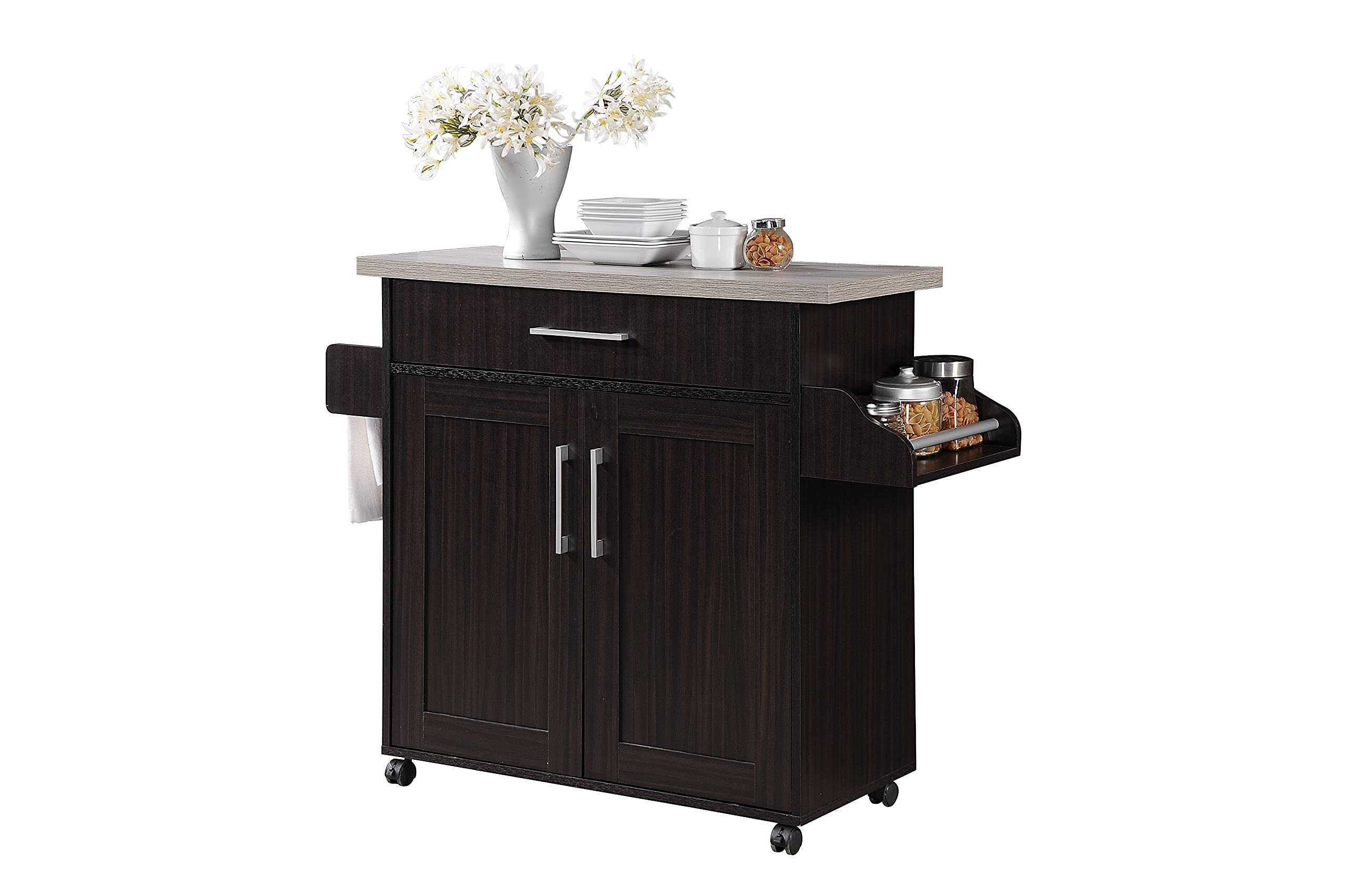 Hodedah Kitchen Island with Spice Rack plus Towel Holder in Chocolate-Grey