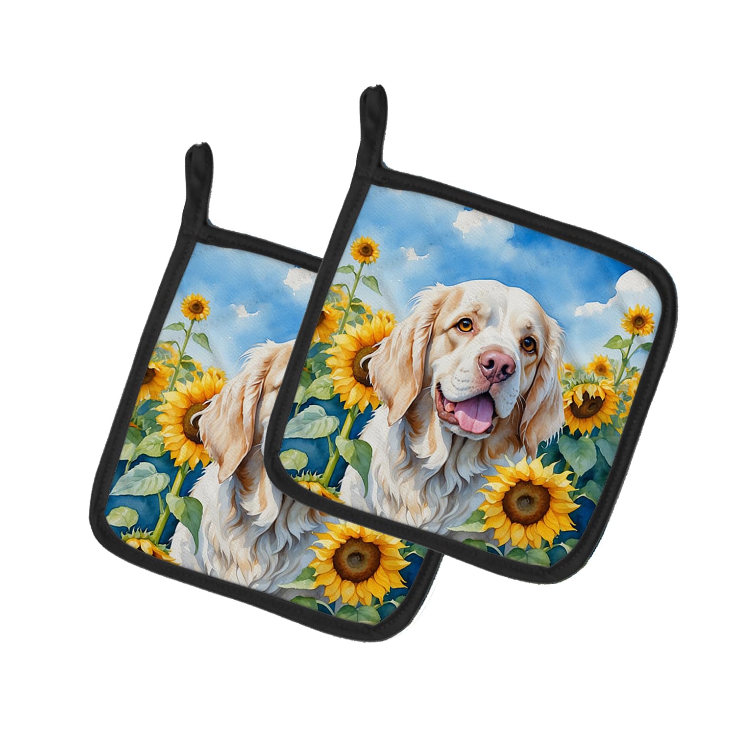 Clumber Spaniel in Sunflowers Pair of Pot Holders