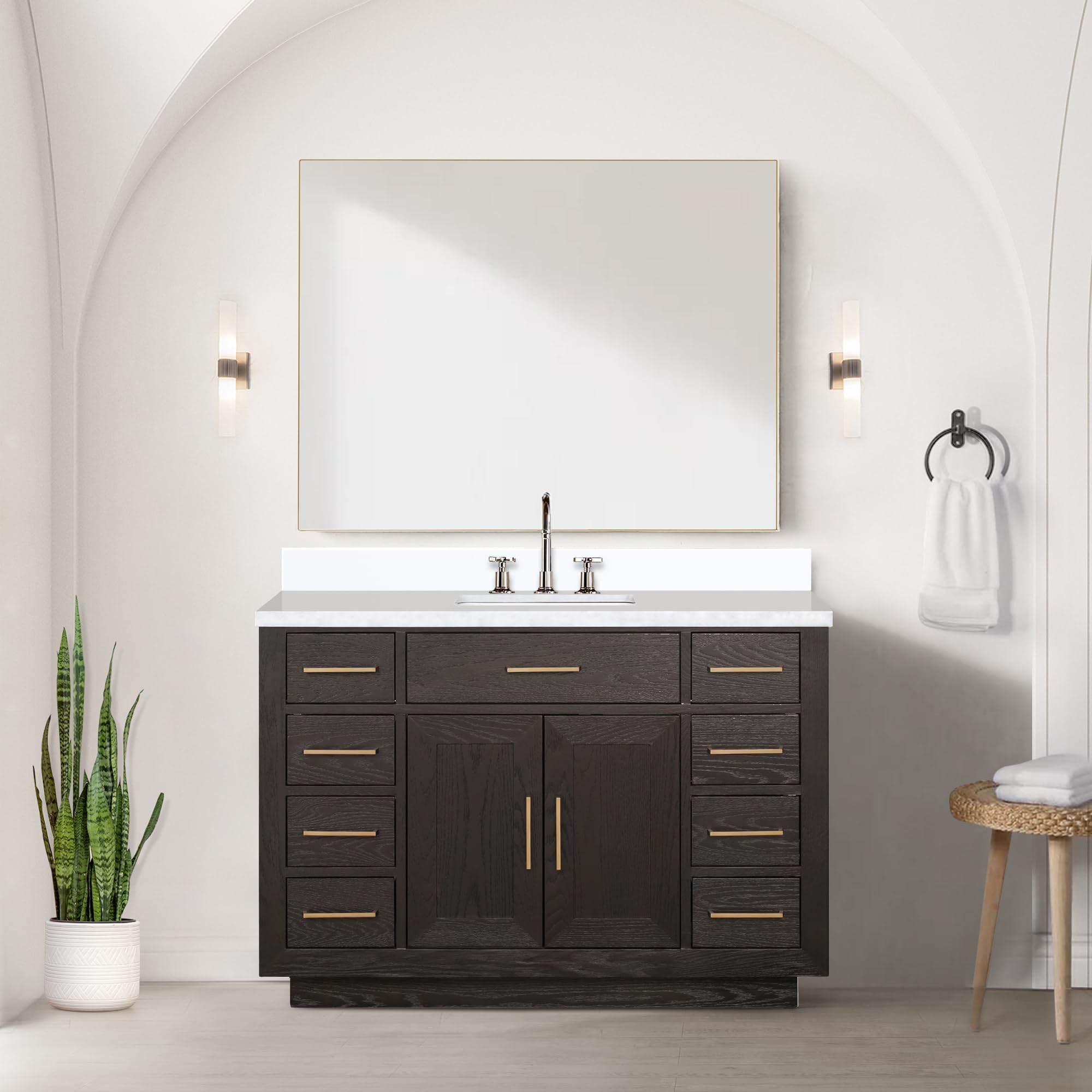 Abbey 48 in W x 22 in D Brown Oak Single Bath Vanity, White Quartz Top, and Faucet Set