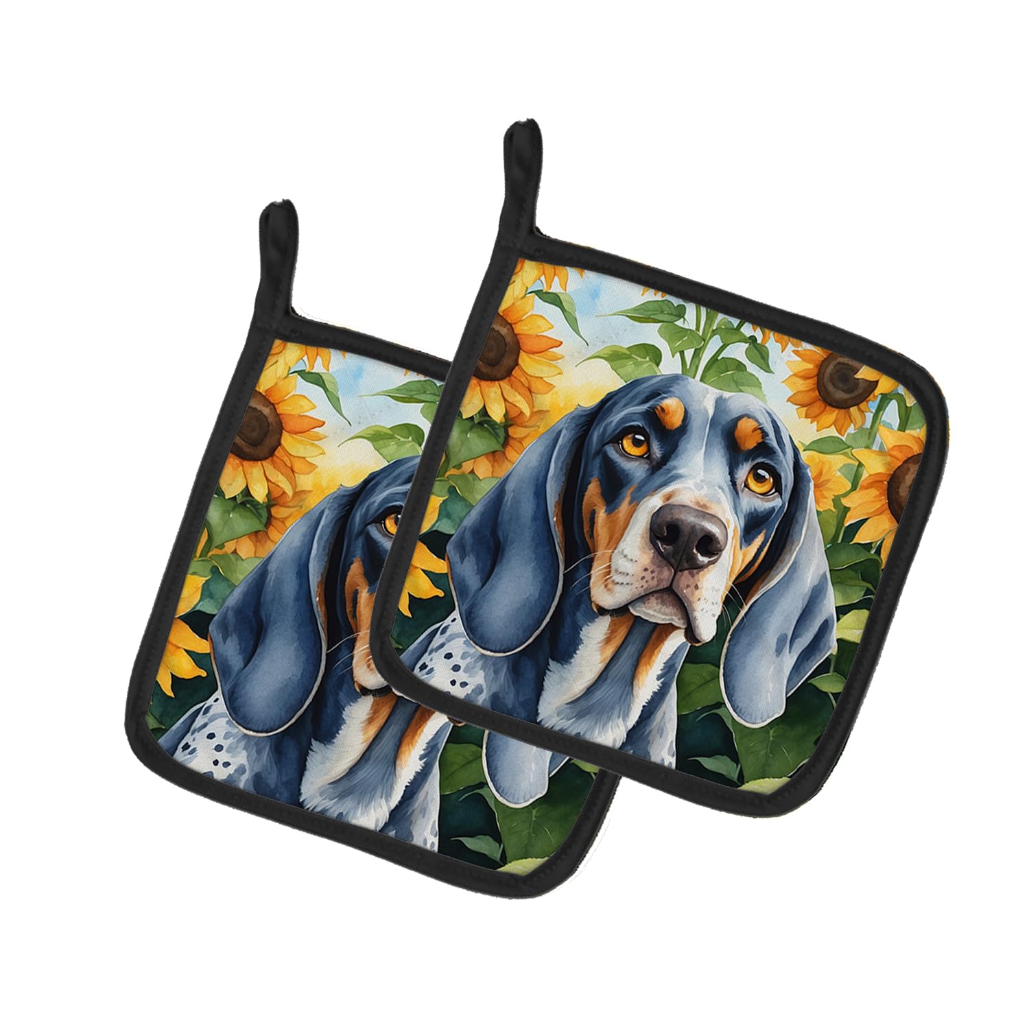 Bluetick Coonhound in Sunflowers Pair of Pot Holders