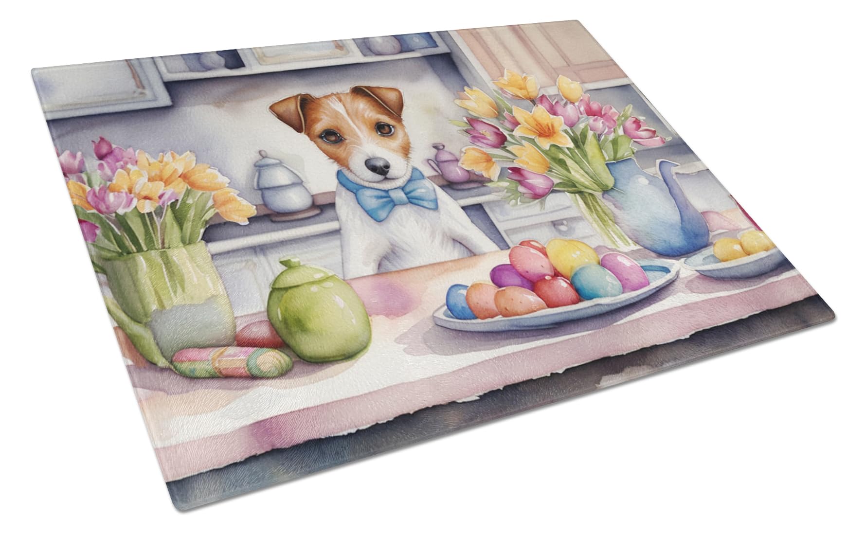 Carolines Treasures DAC6838LCB Decorating Easter Jack Russell Terrier Glass Cutting Board Decorative Tempered Glass Kitchen Cutting and Serving Board Large Size Chopping Board