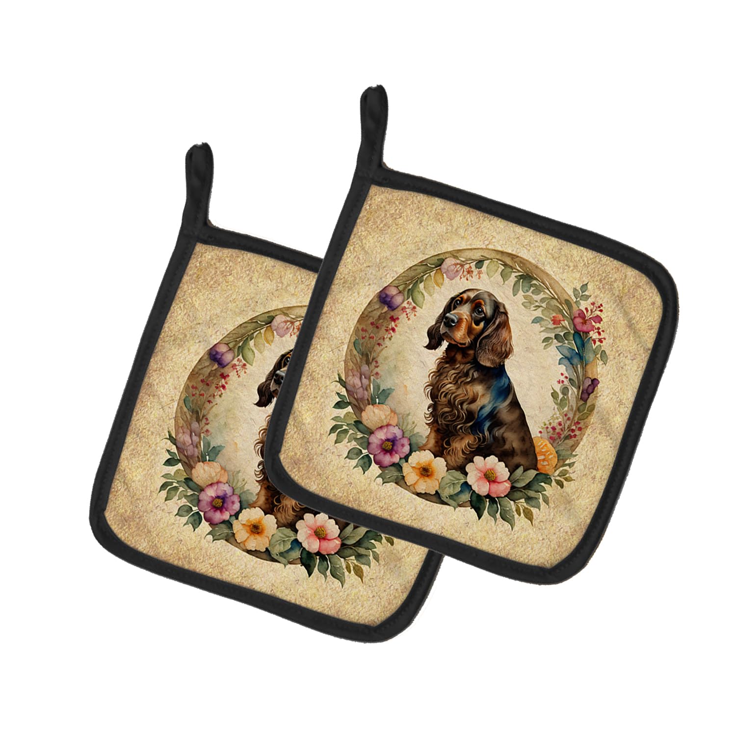 Field Spaniel and Flowers Pair of Pot Holders