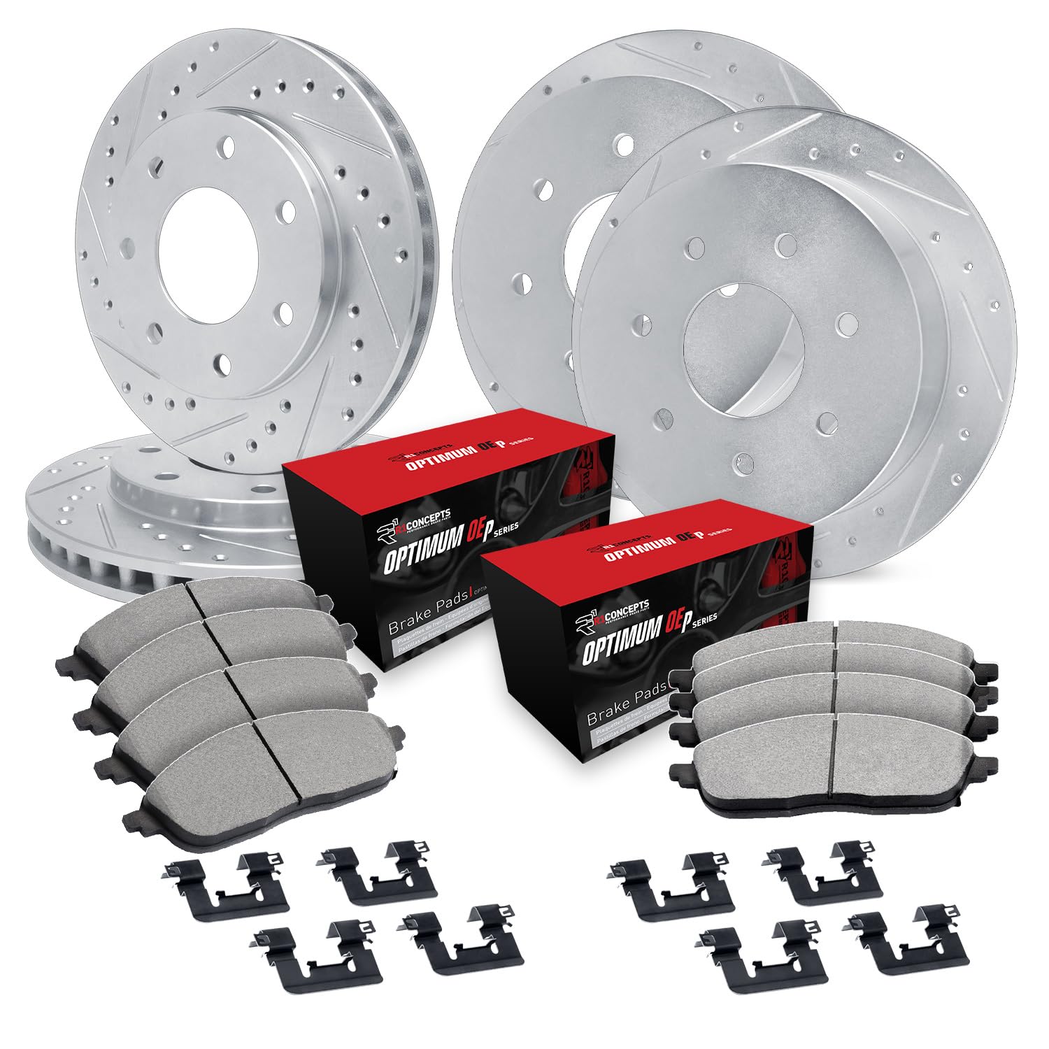 R1 Concepts Drilled and Slotted Silver Disc Brake Rotor Set with Optimum Oe Pads and Hardware WGUH2-54032