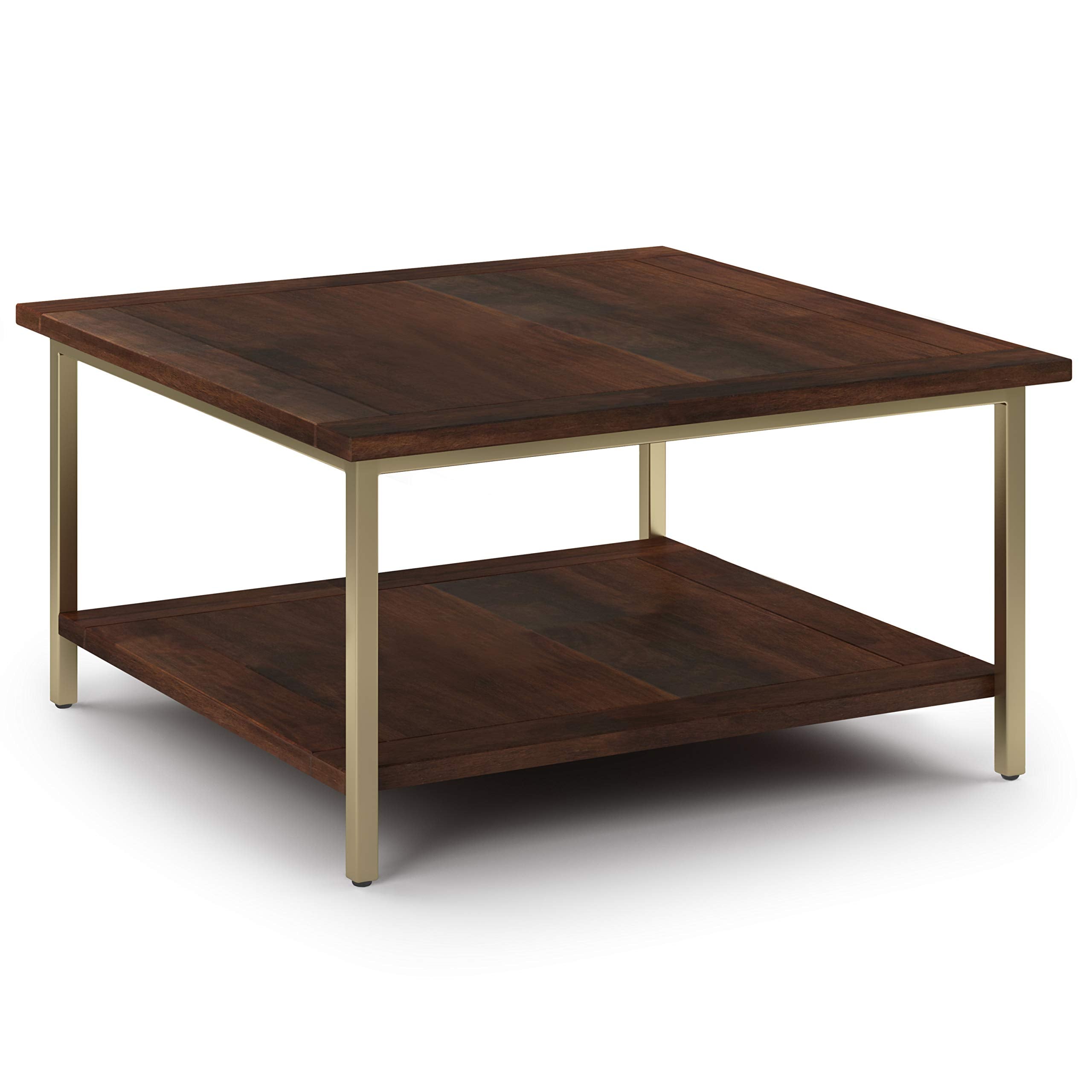 Simplihome Skyler Solid Mango Wood And Metal 34 Inch Wide Industrial Square Coffee Table In Dark Brown  Gold, For The Living Roo
