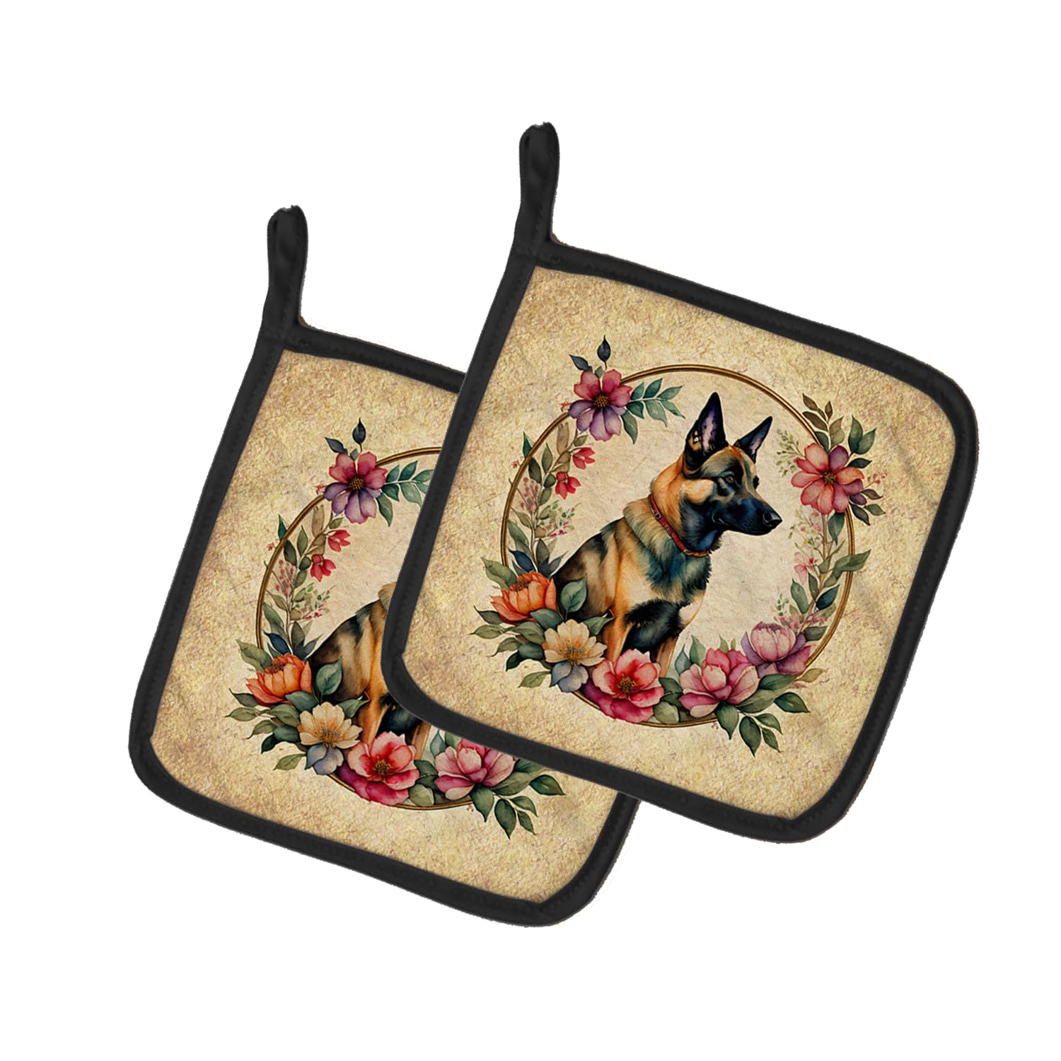 Belgian Malinois and Flowers Pair of Pot Holders