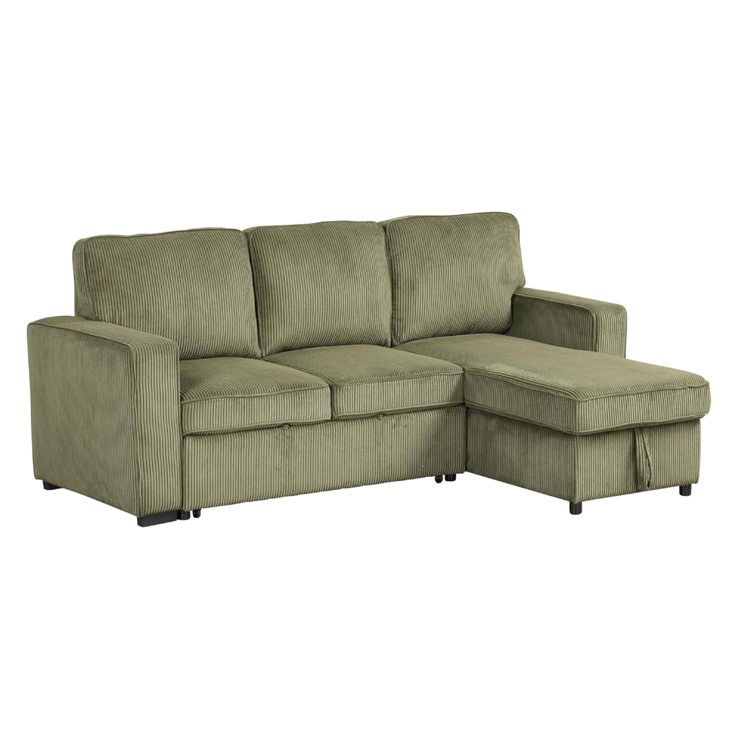 Seya Sleeper L Sectional Sofa, Storage Chaise, Green Corduroy, 93 Inch