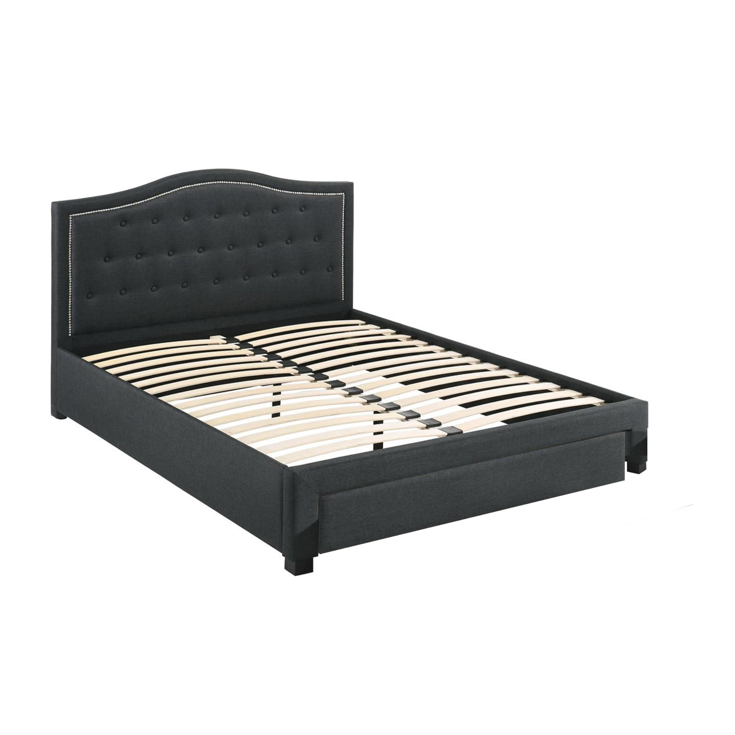 Sey Queen Size Bed w Storage Drawers, Dark Gray Upholstered Headboard