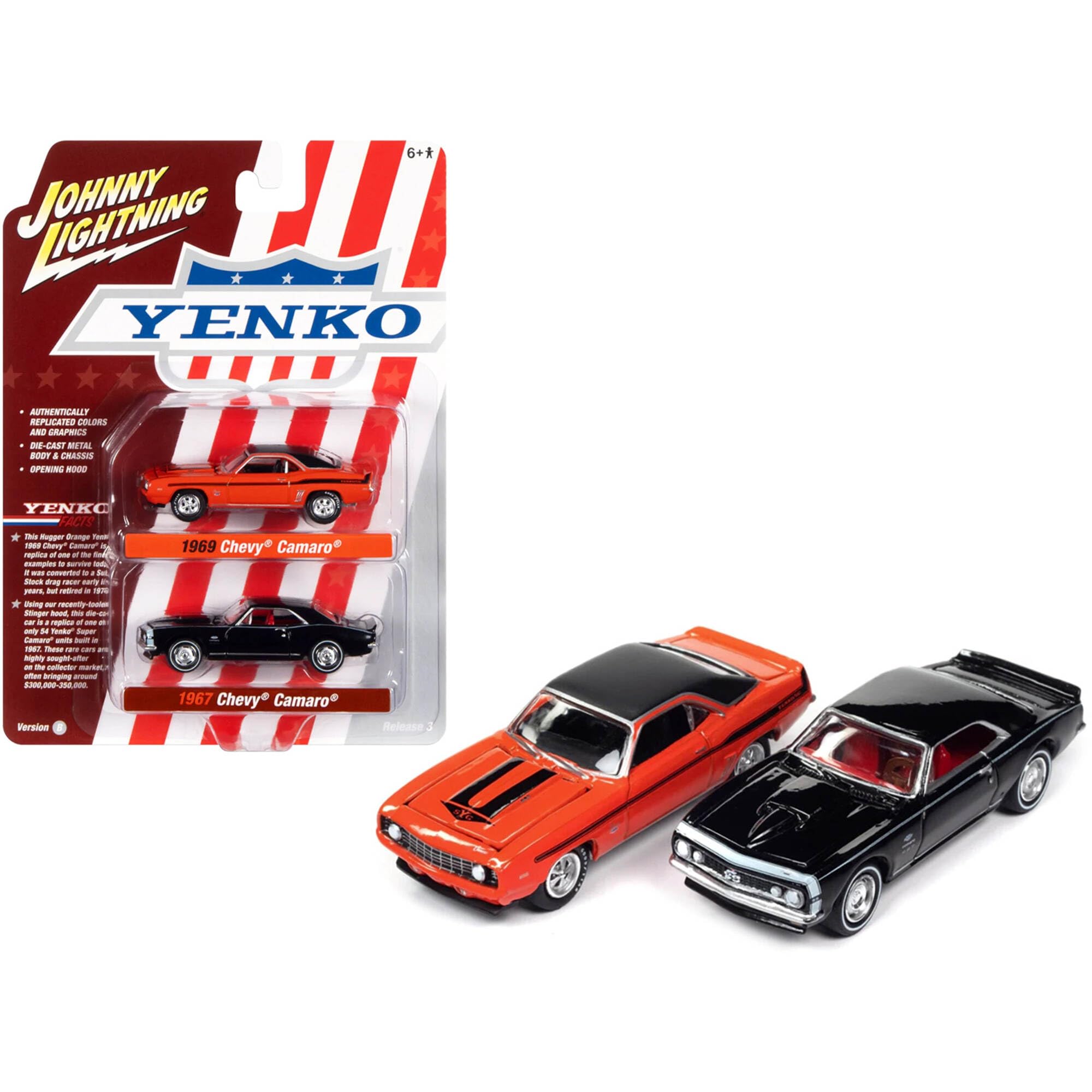 1969 Chevrolet Camaro Hugger Orange with Black Top and Stripes and 1967 Chevrolet Camaro Black with White Stripe and Red Interior Yenko Series Set of 2 Cars 1/64 Diecast Model Cars by Johnny Lightning