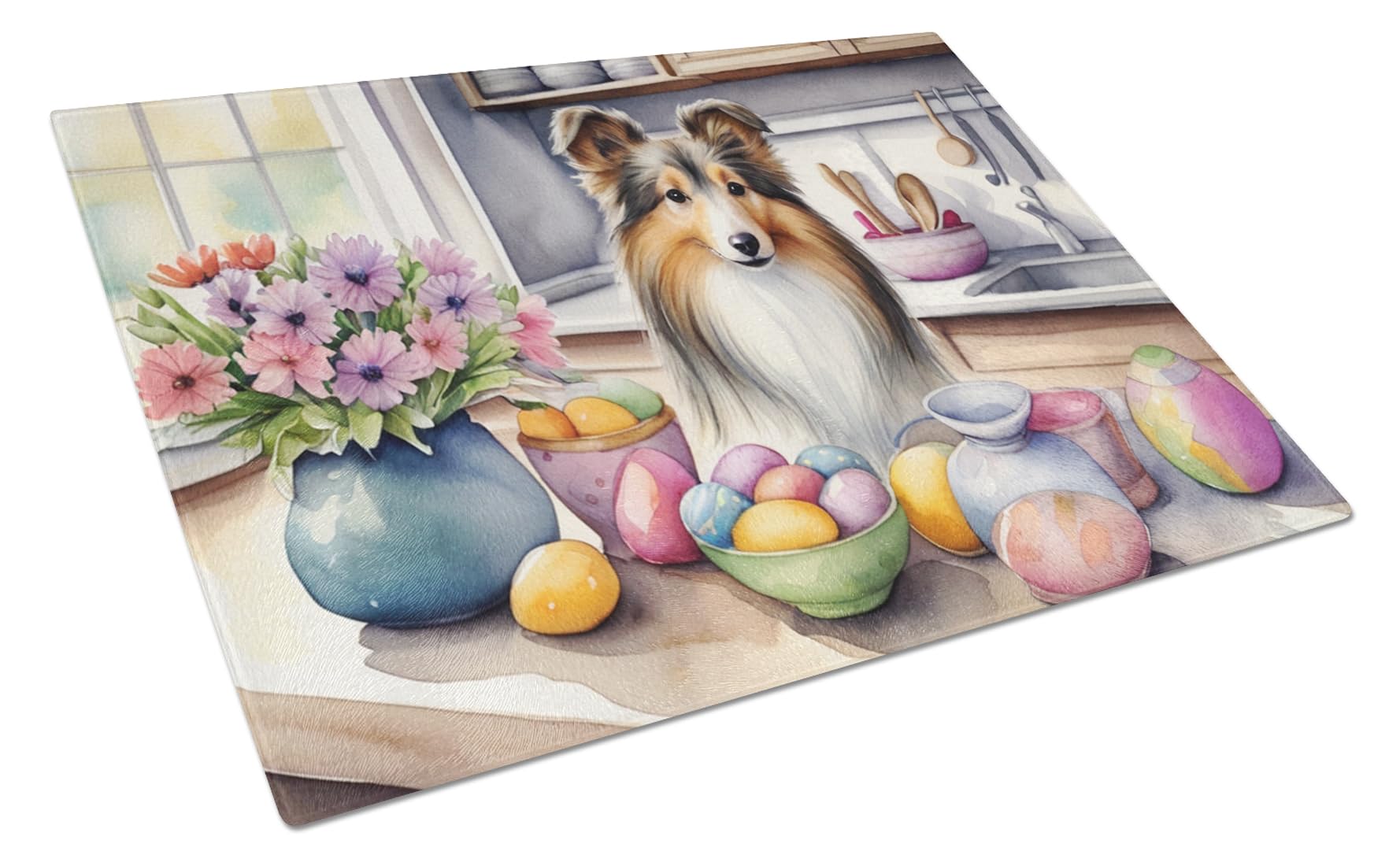 Carolines Treasures DAC6899LCB Decorating Easter Sheltie Glass Cutting Board Decorative Tempered Glass Kitchen Cutting and Serving Board Large Size Chopping Board