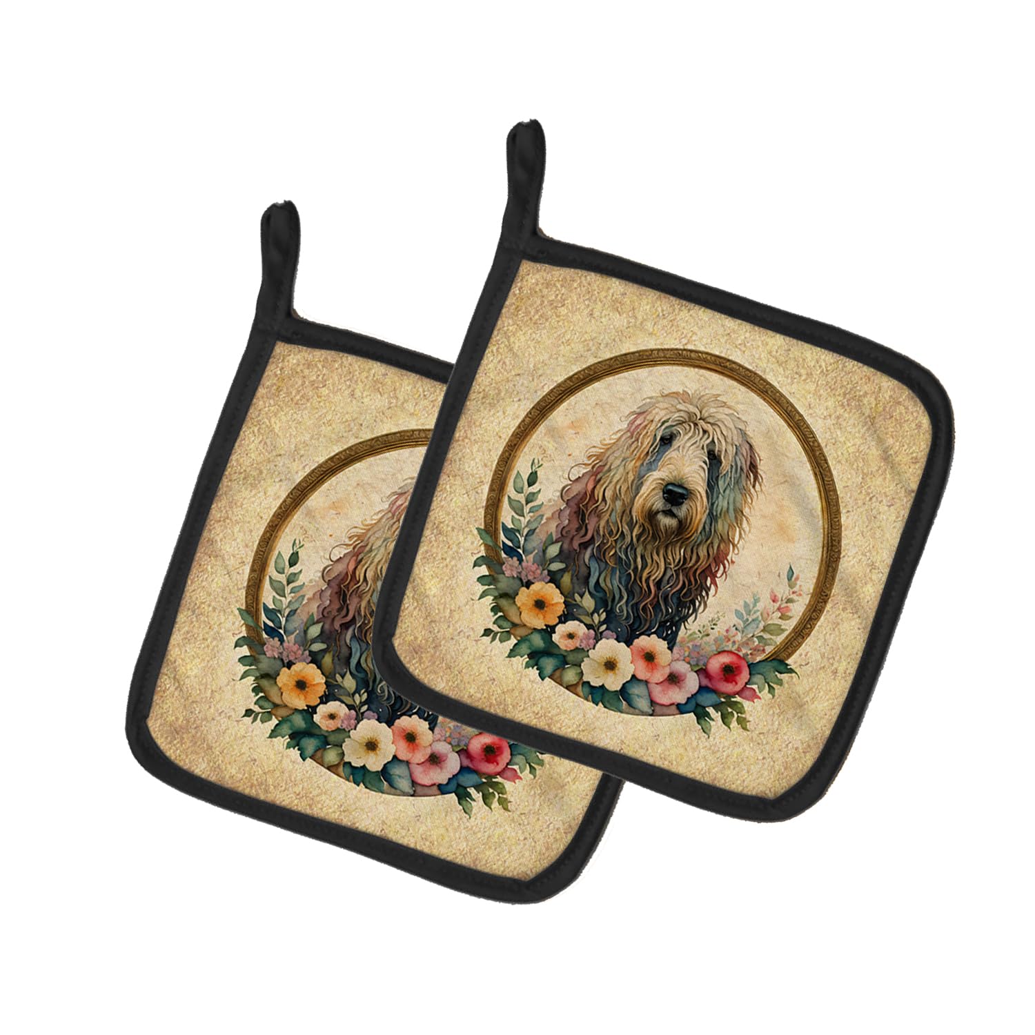 Komondor and Flowers Pair of Pot Holders