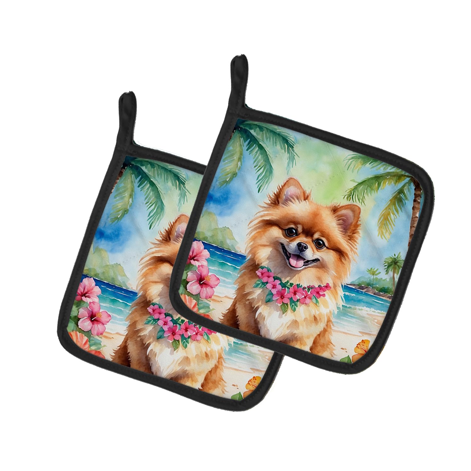 Pomeranian Luau Pair of Pot Holders