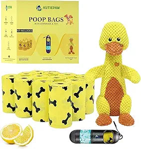 180 Lemon Scented  Biodegradable Poop Bags , Duck Plush Toy, Bag Dispenser With Sanitizer (Complete Kit)