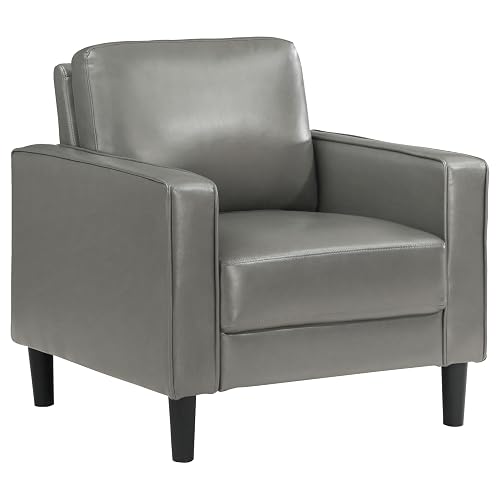 Rumi Accent Chair, Gray Faux Leather, Modern Track Arms, Foam Cushions