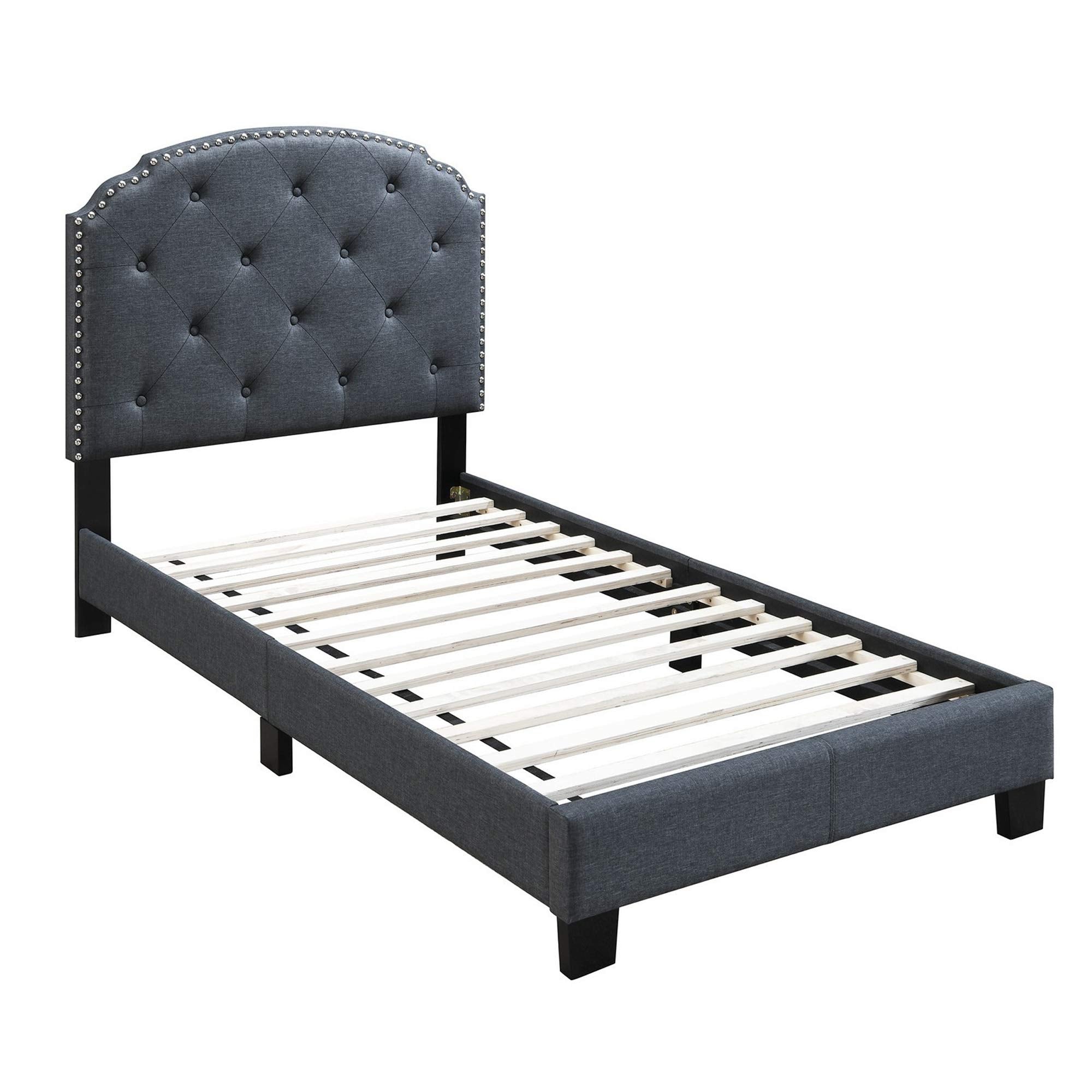 Twin Bed with Button Tufted Scalloped Headboard, Gray