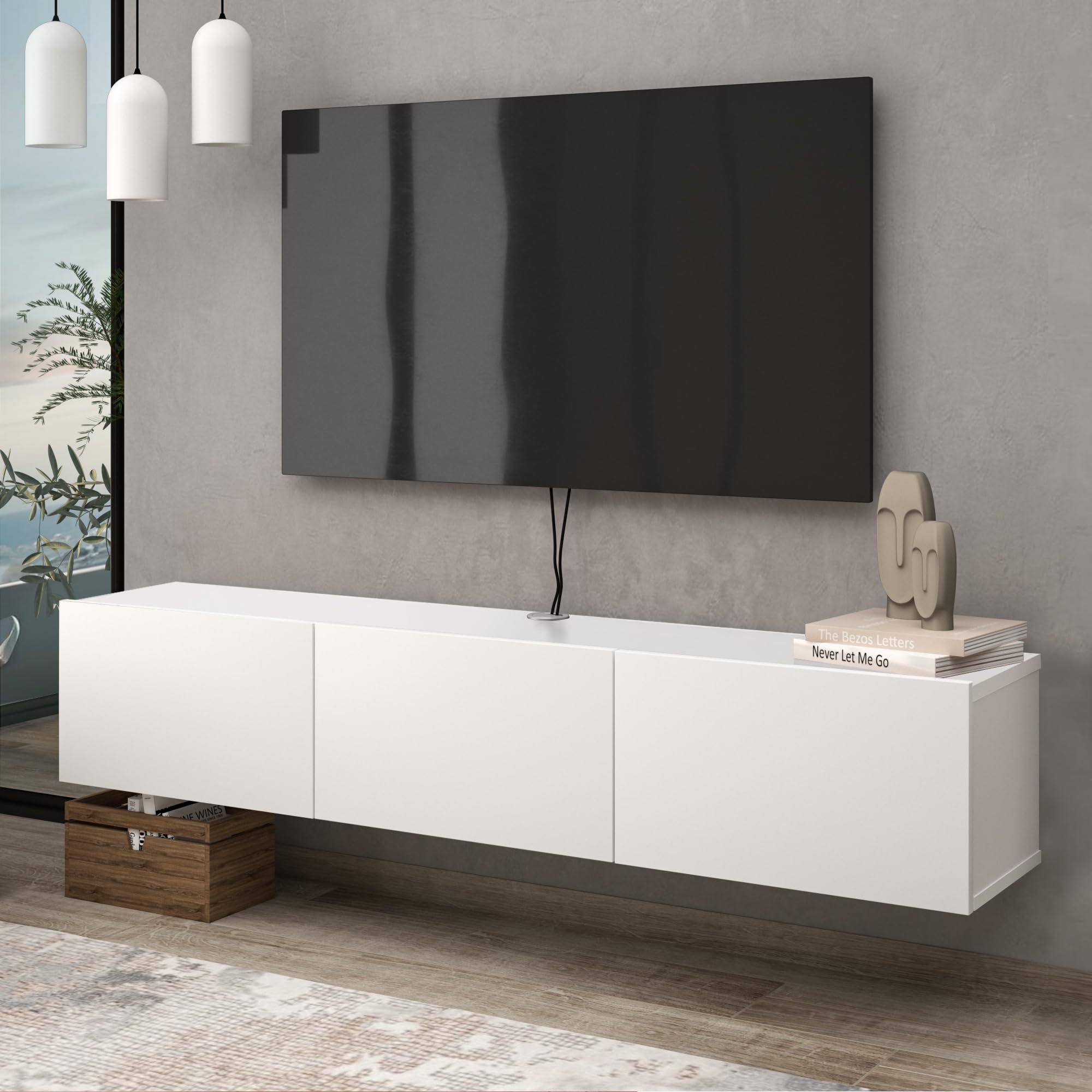 Atelier Mobili White Floating TV Stand, TV Stand up to 75 Inch TV, Floating TV Stand Wall Mounted, Floating Entertainment Center, Floating Shelf for Under TV, Floating TV Console