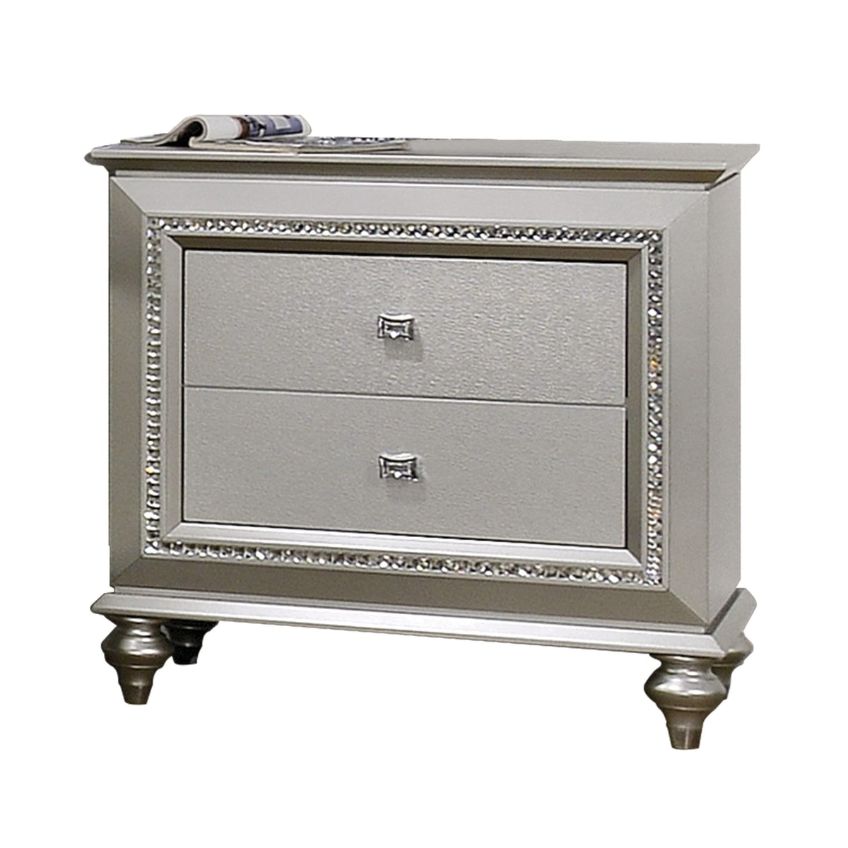 Benjara 2 Drawer Spacious Nightstand With Mirror Beveled Pulls, Silver