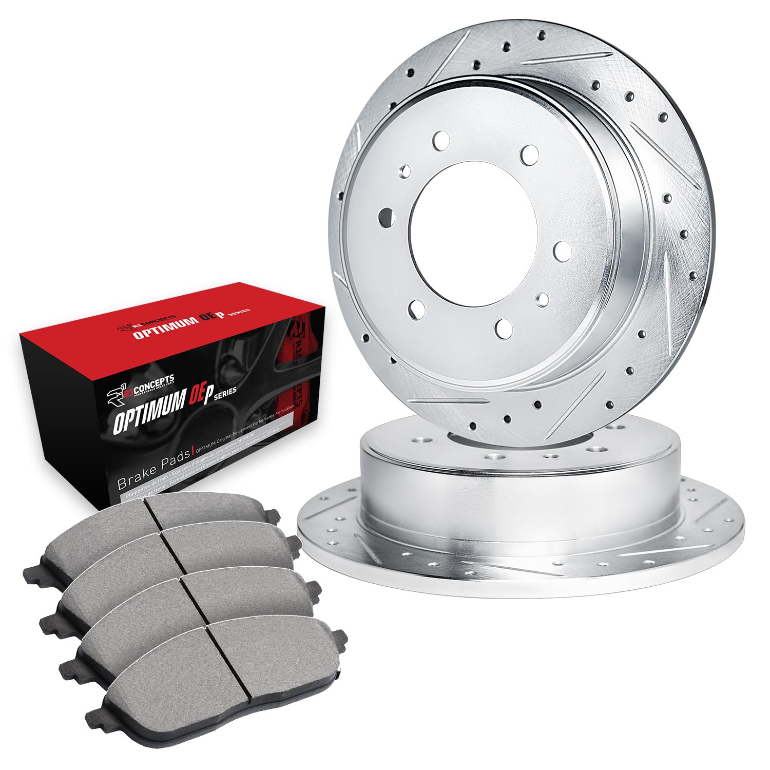 R1 Concepts Drilled and Slotted Silver Disc Brake Rotor Set with Optimum Oe Pads WGUN1-23025