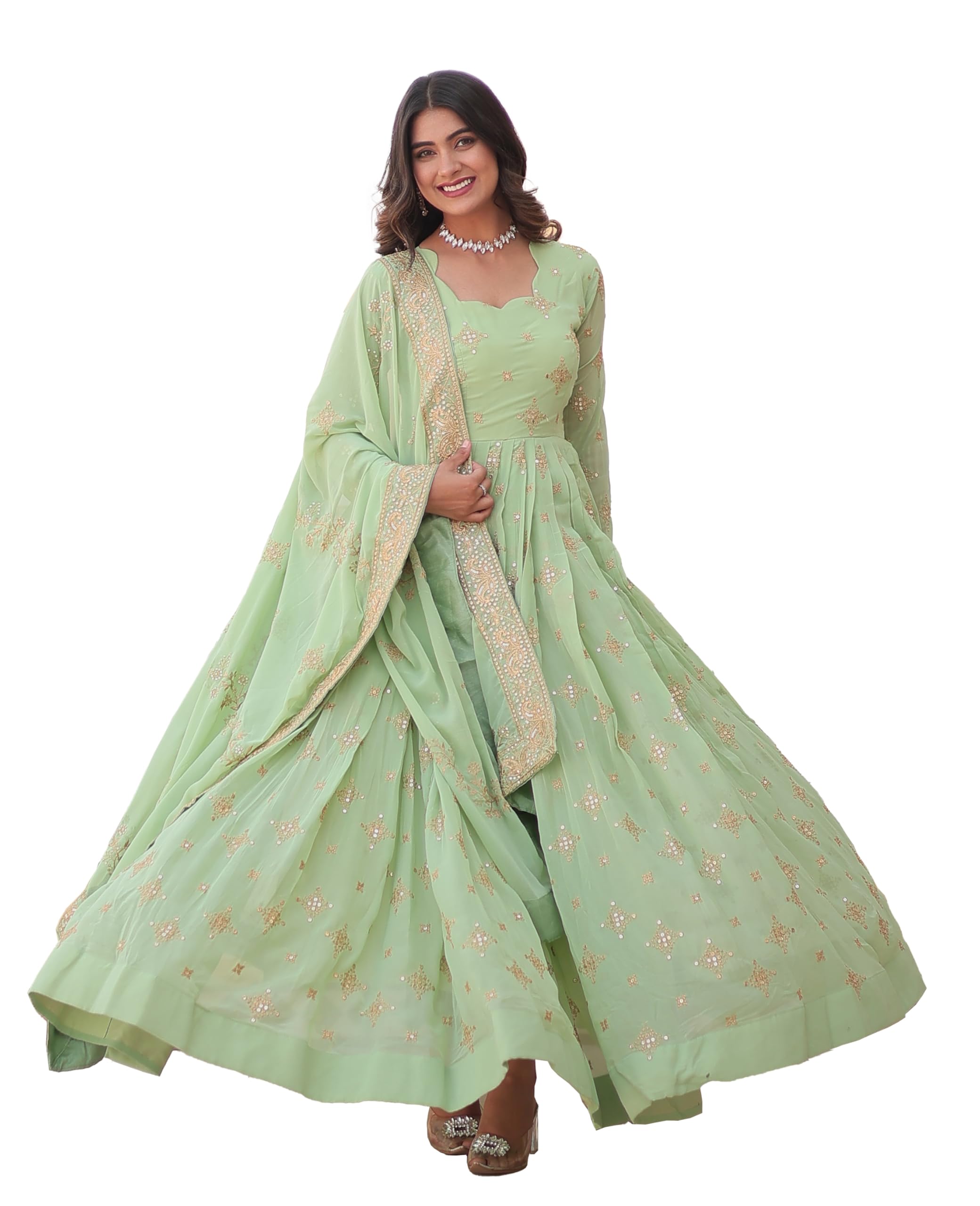 Wedani Georgette Sequins Embroidery Work Anarkali Kurta Set for Women (in, Alpha, S, Regular, Green)
