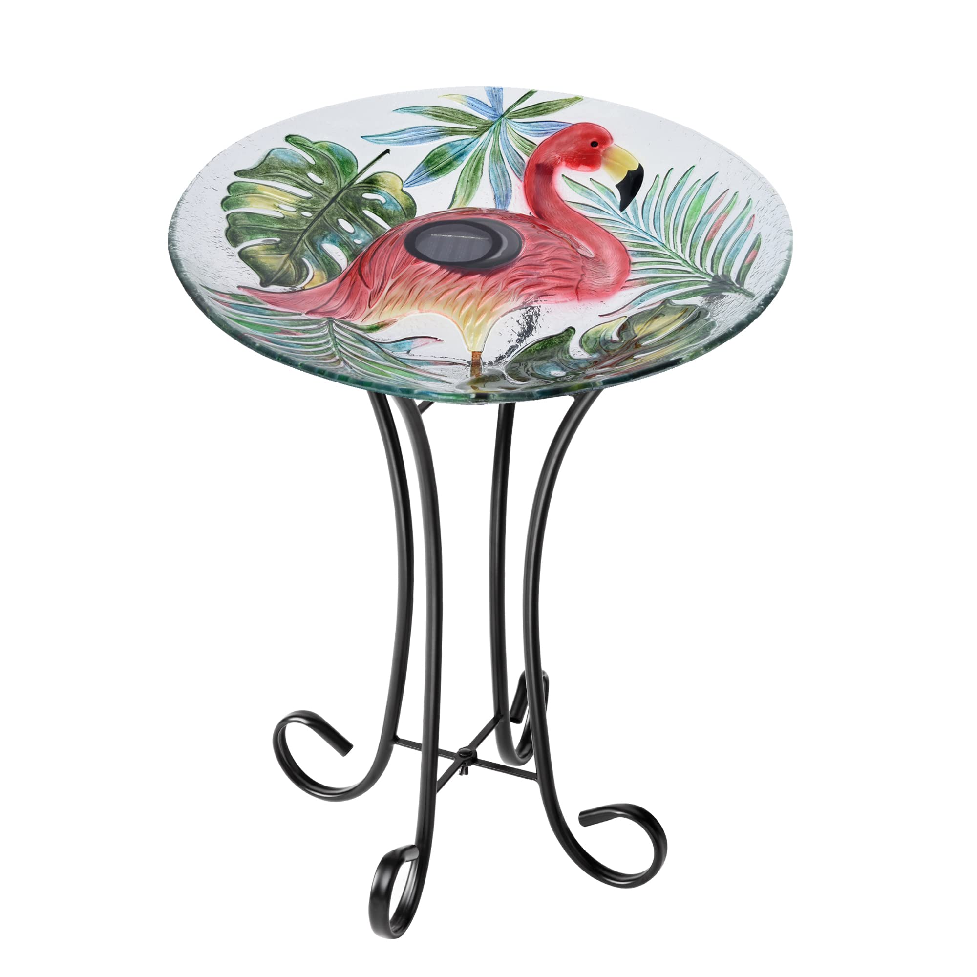Hi-Line Gift Ltd 78415-K Solar LED Verdant Glass Bird Bath with Stand - Flamingo