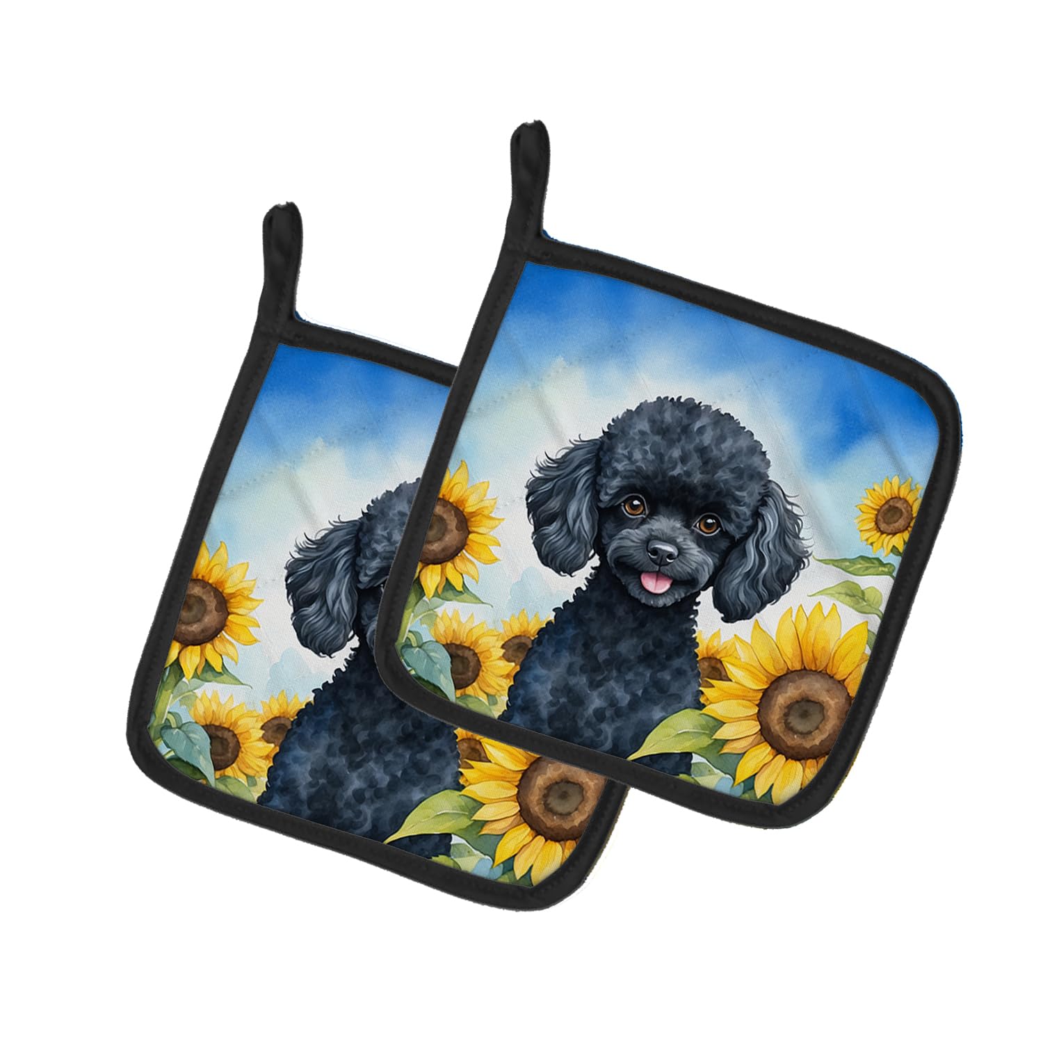 Black Poodle in Sunflowers Pair of Pot Holders