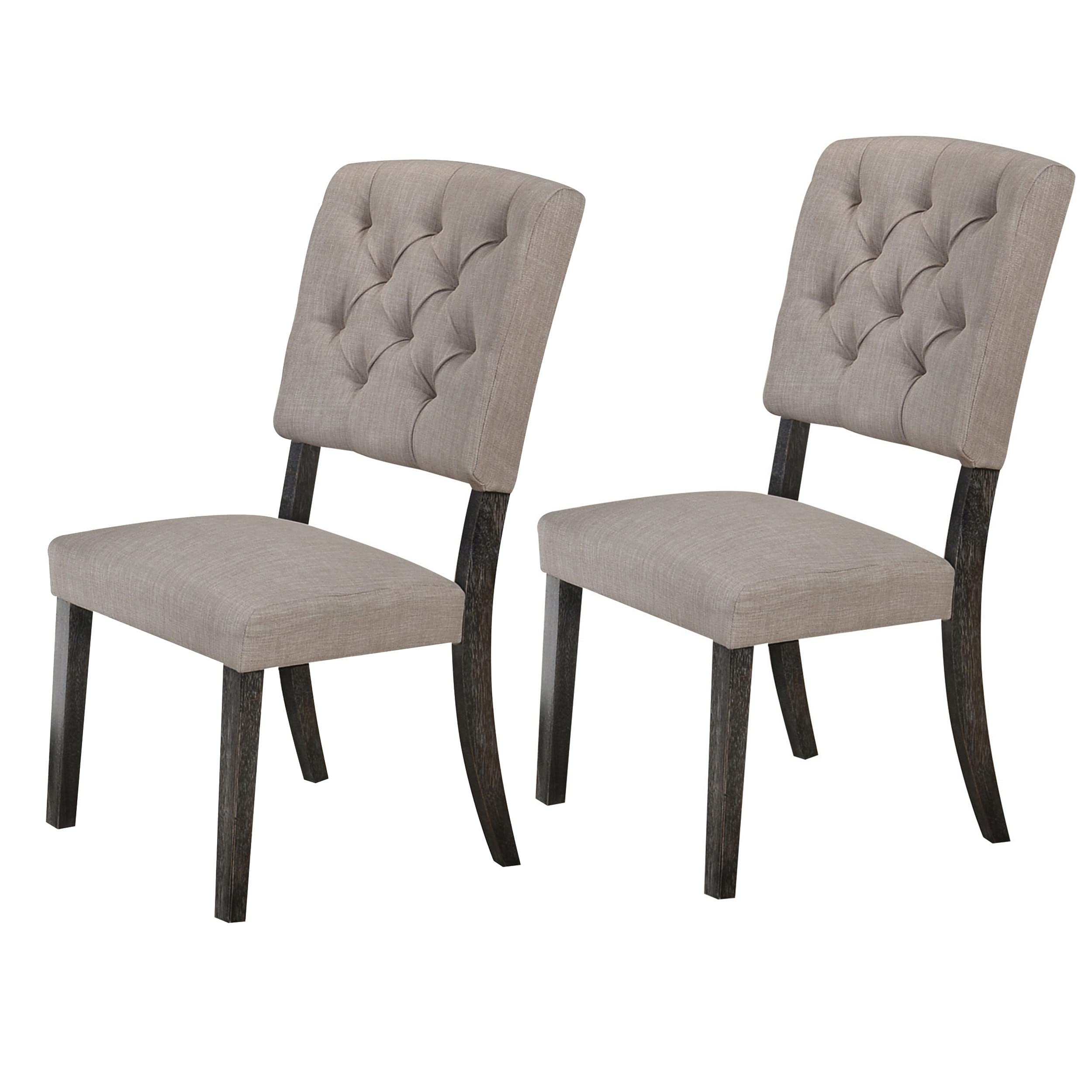 Wooden Side chair with Tufted Back, Set of 2, Brown and Gray