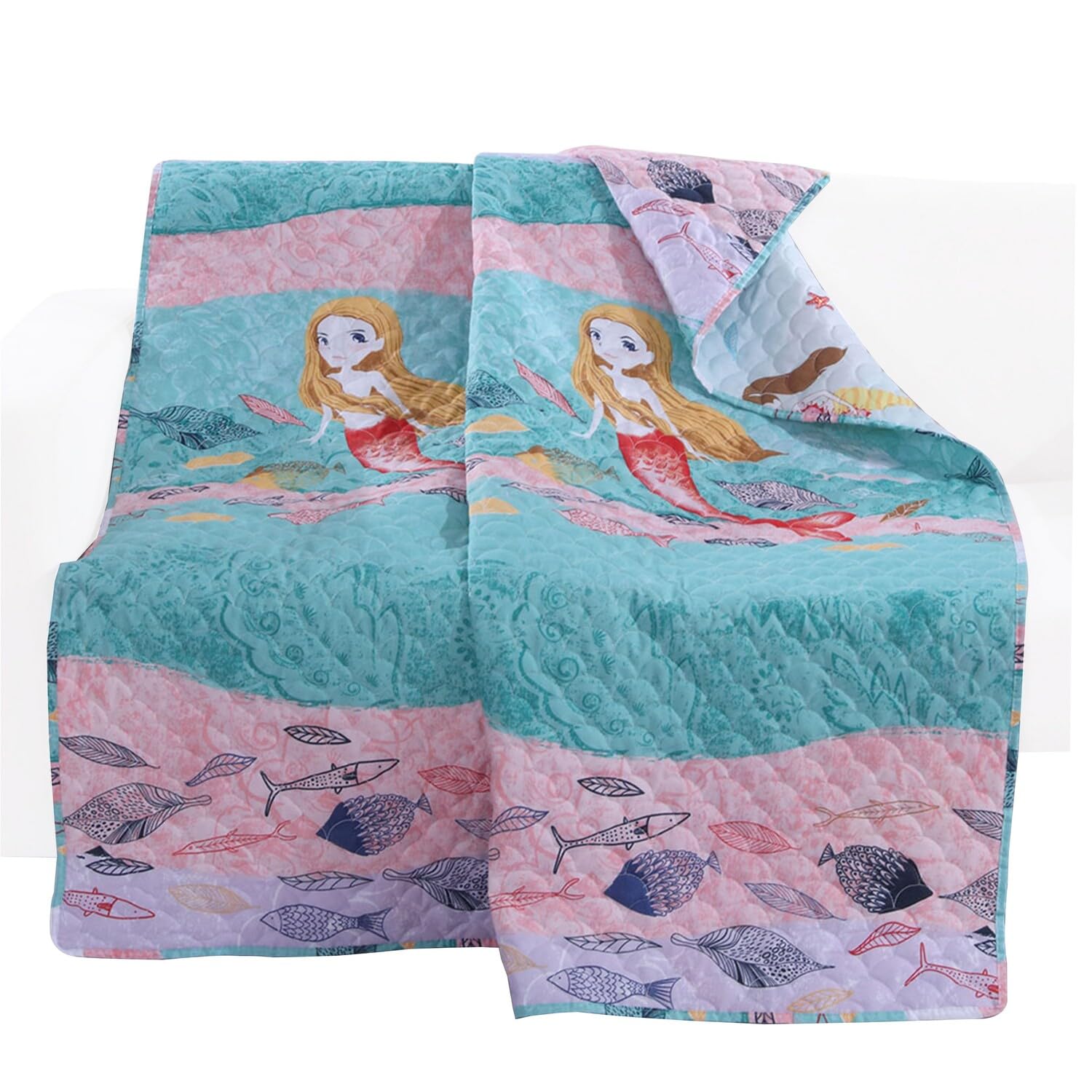 Wini 50 x 60 Inch Quilted Throw Blanket with Fill, Mermaid, Blue, Pink