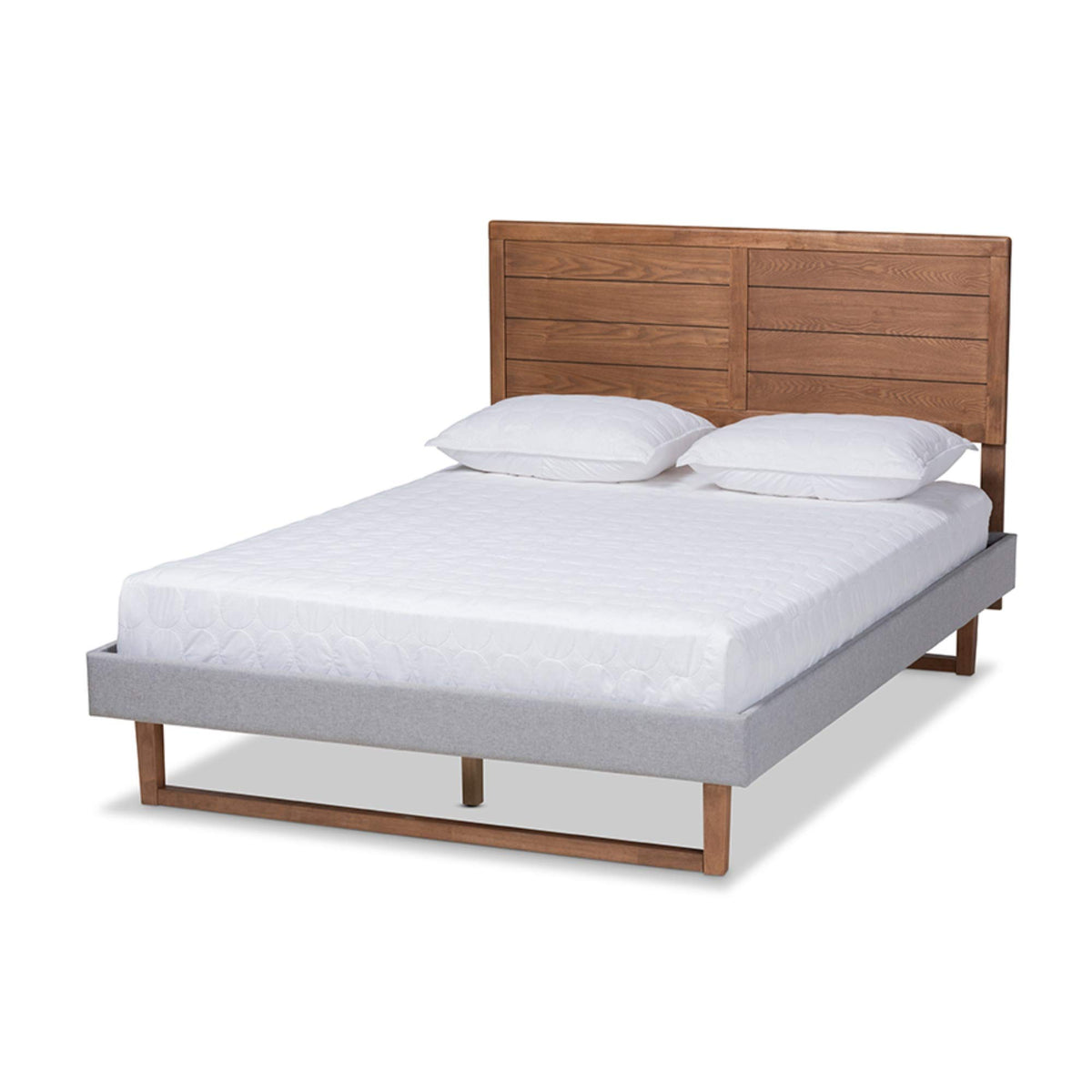 Baxton Studio Claudia Rustic Modern Light Grey Fabric Upholstered And Walnut Brown Finished Wood Queen Size Platform Bed