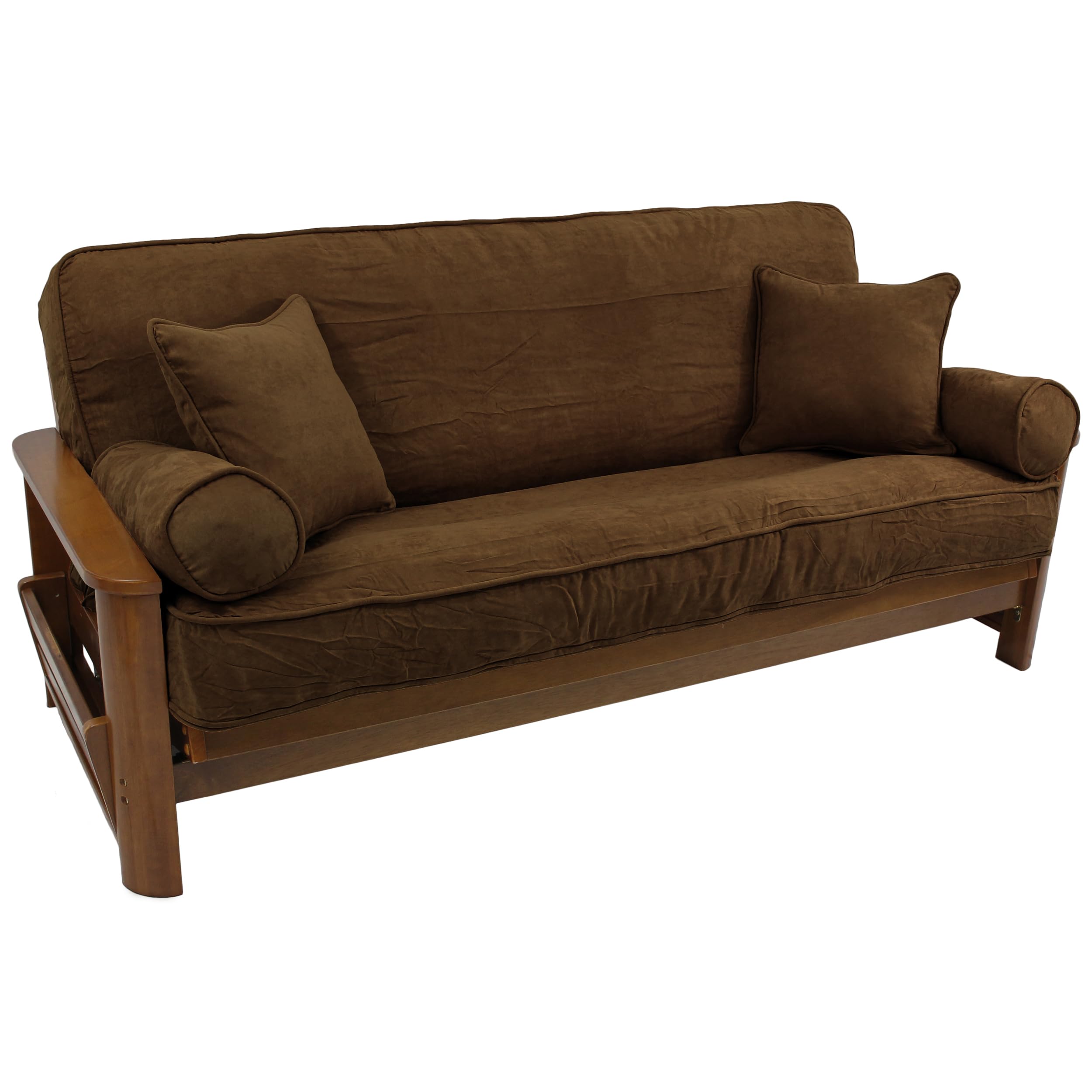 Solid Microsuede Double Corded 8 to 9-inch Full Futon Cover Set with Four Throw Pillows (Set of 5) - Chocolate