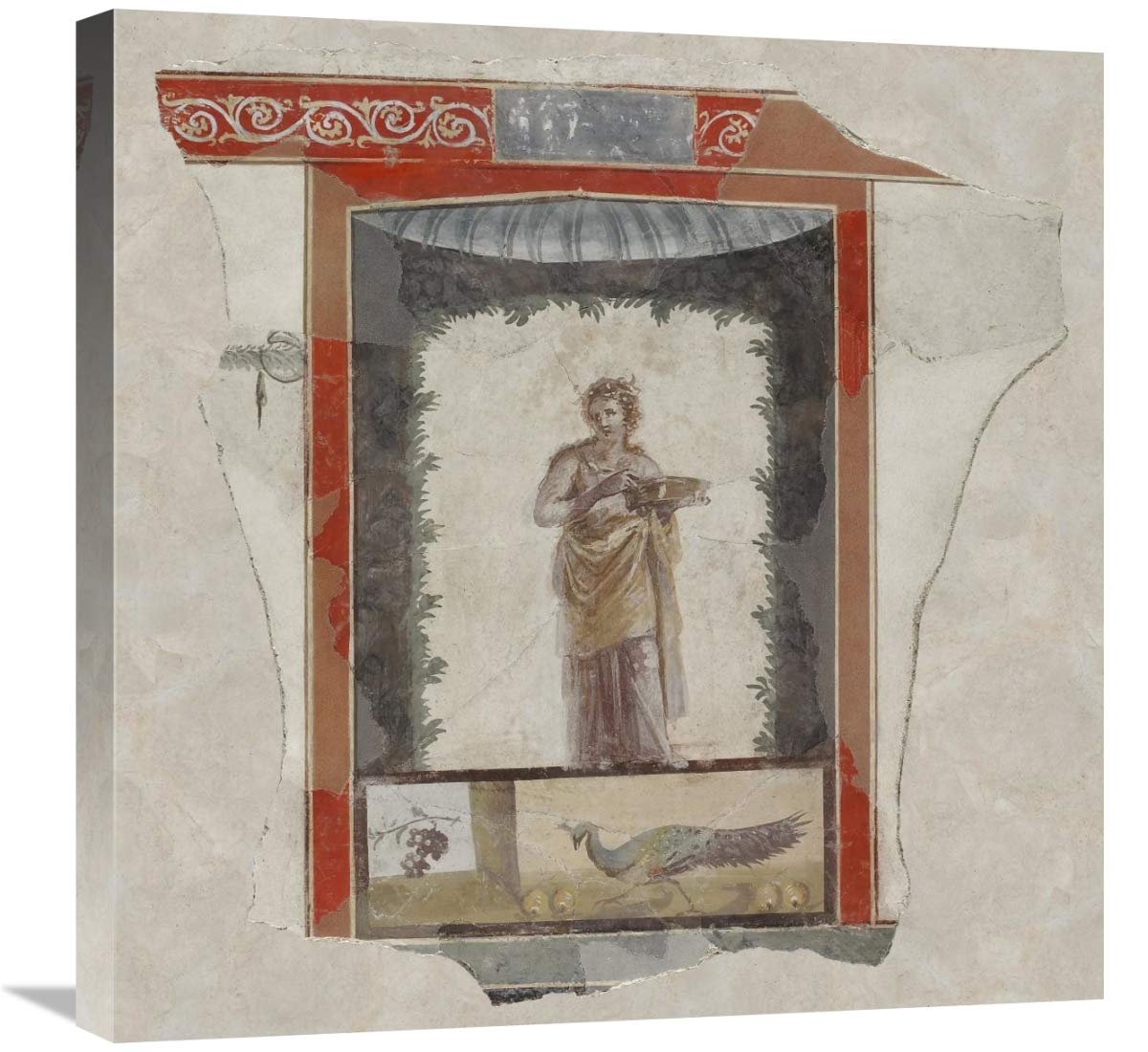 Fresco Depicting a Woman (Maenad) Holding a Dish, Peacock and Fruit Below-Canvas Art-24x24”