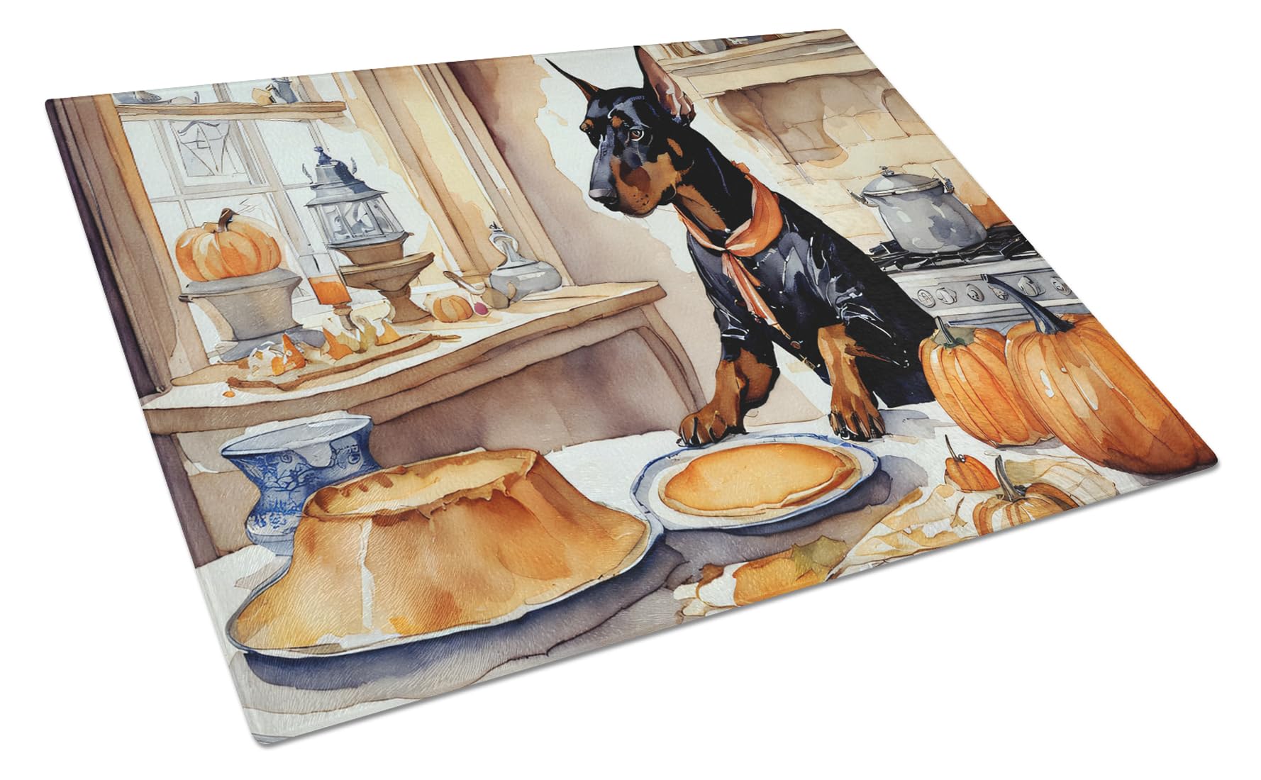 Carolines Treasures DAC1771LCB Doberman Pinscher Fall Kitchen Pumpkins Glass Cutting Board Large Decorative Tempered Glass Kitchen Cutting and Serving Board Large Size Chopping Board