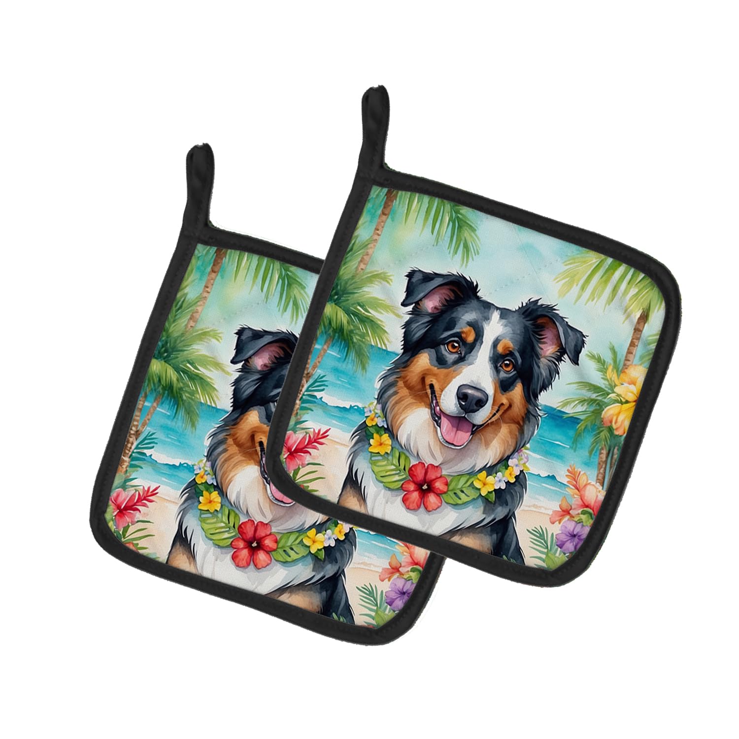 Australian Shepherd Luau Pair of Pot Holders